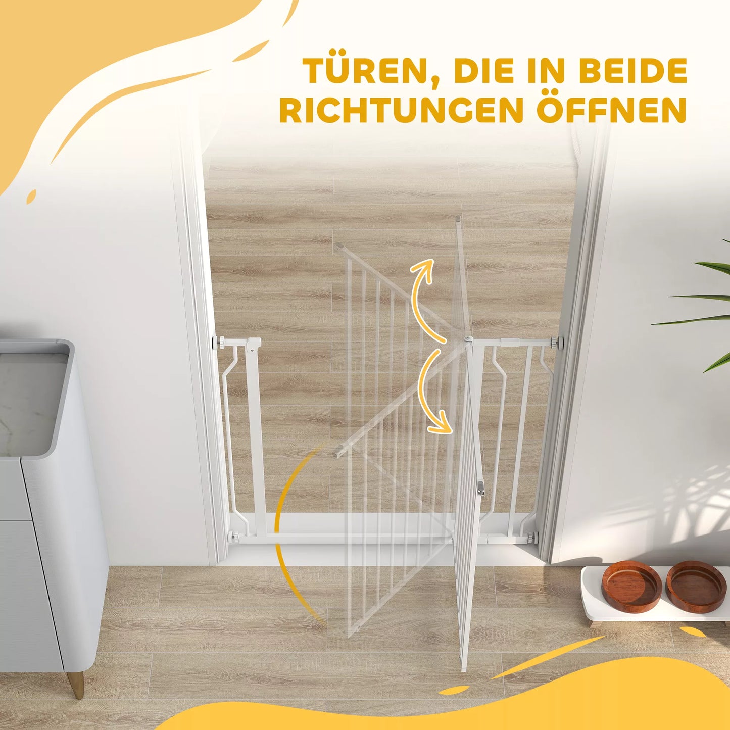 Šunų apsauginė grotelė, užtvaros grotelė, dviejų krypčių atidarymas, sieninis laikiklis su spaustukais, reguliuojamas nuo 75 cm iki 95 cm, balta spalva