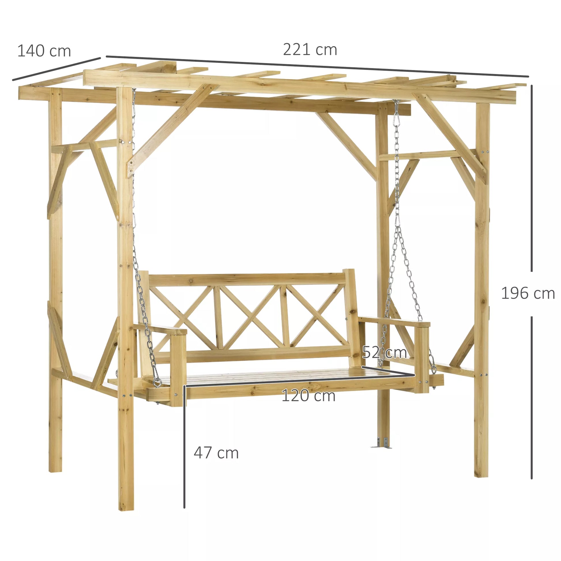 Sūpynės su pergola, 2 asmenims, reguliuojamo aukščio, masyvi medinė konstrukcija, 2,21 x 1,40 x 1,96 m