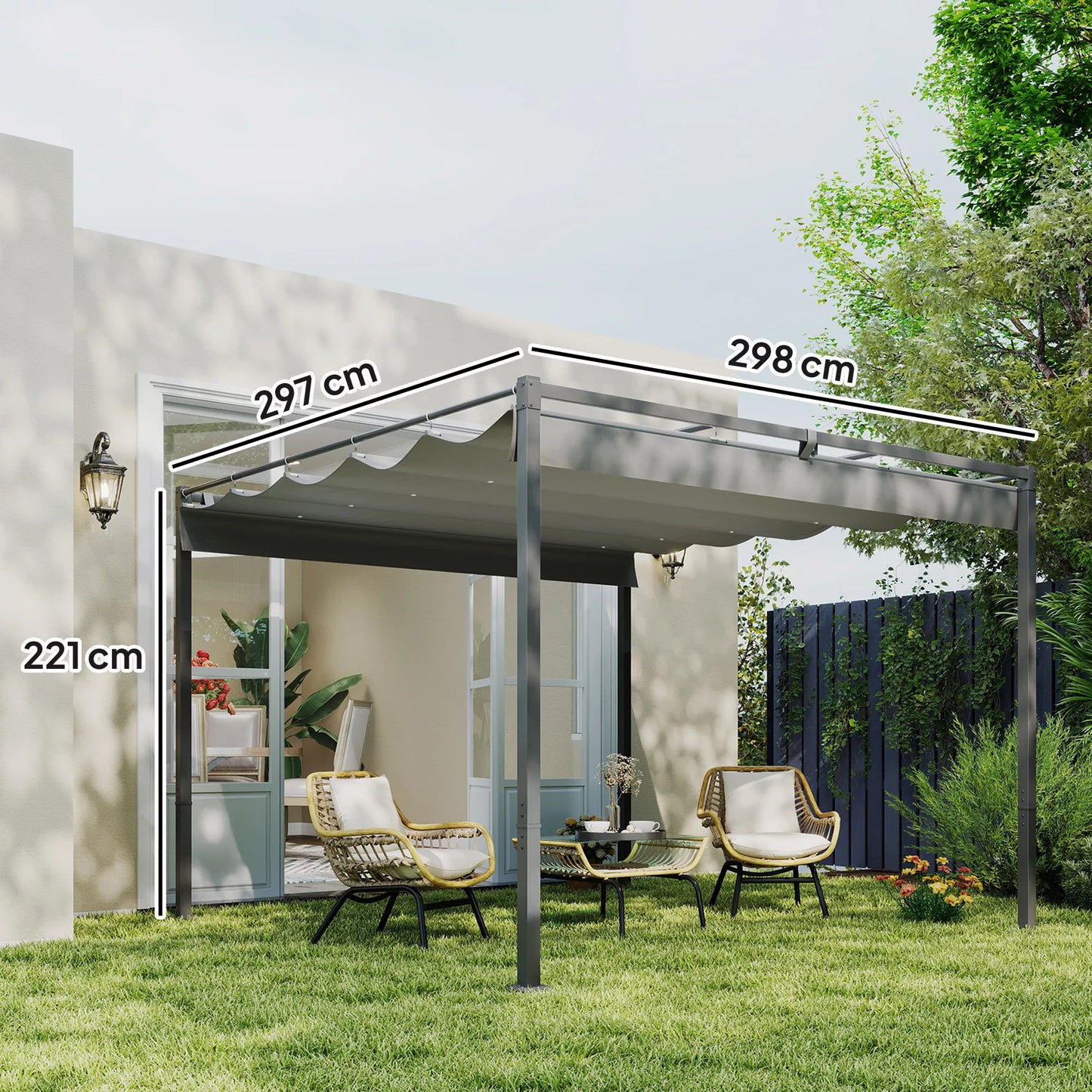 3 x 3 m sodo pergola su ištraukiamu stogu, paviljonas, baldakimas šešėliui, UPF30+, pilka