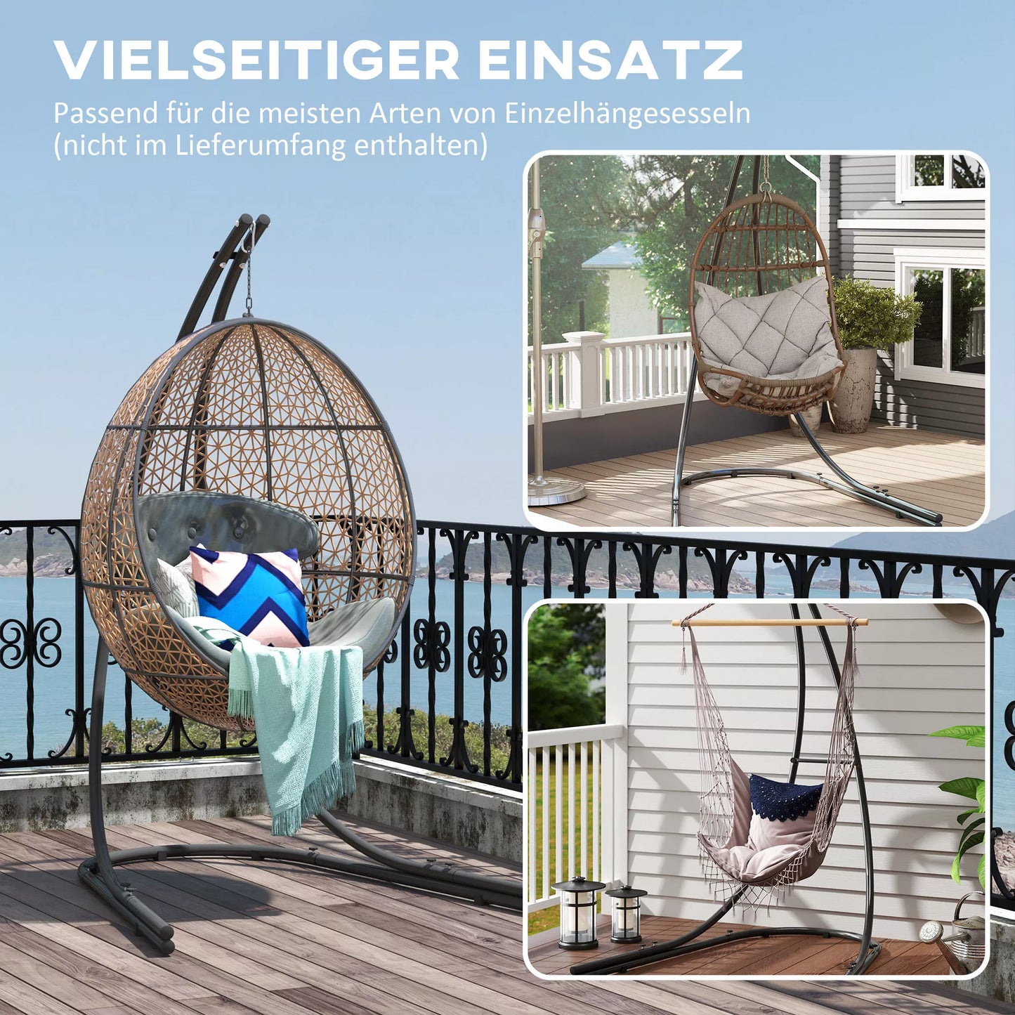 C formos pakabinamojo kėdės stovas Metalinis stovas su pagrindu pakabinamajai kėdėms iki 150 kg Juodas