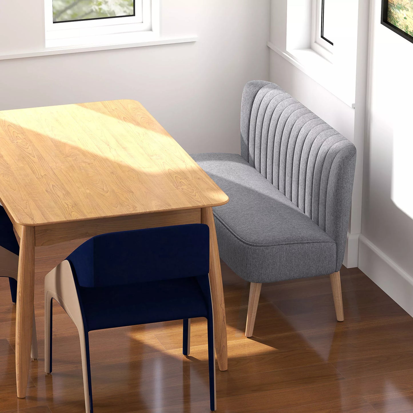 Sofa 2 vietos, minkštasuolis su lininio audinio išvaizda, medinis rėmas, skirta svetainei, miegamajam, 117 cm, pilkos spalvos