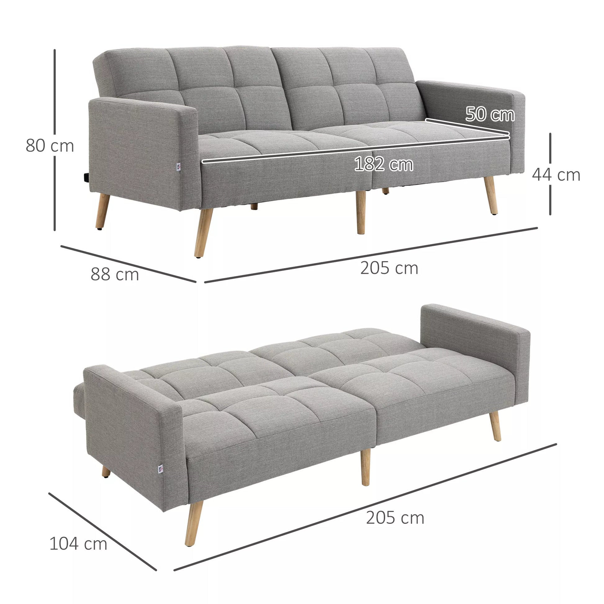 2 in 1 miegamasis sofos 205 x 88 cm Sofa su lovos funkcija, sofa su sėdimojo pagalvėle, lino išvaizda Pilka