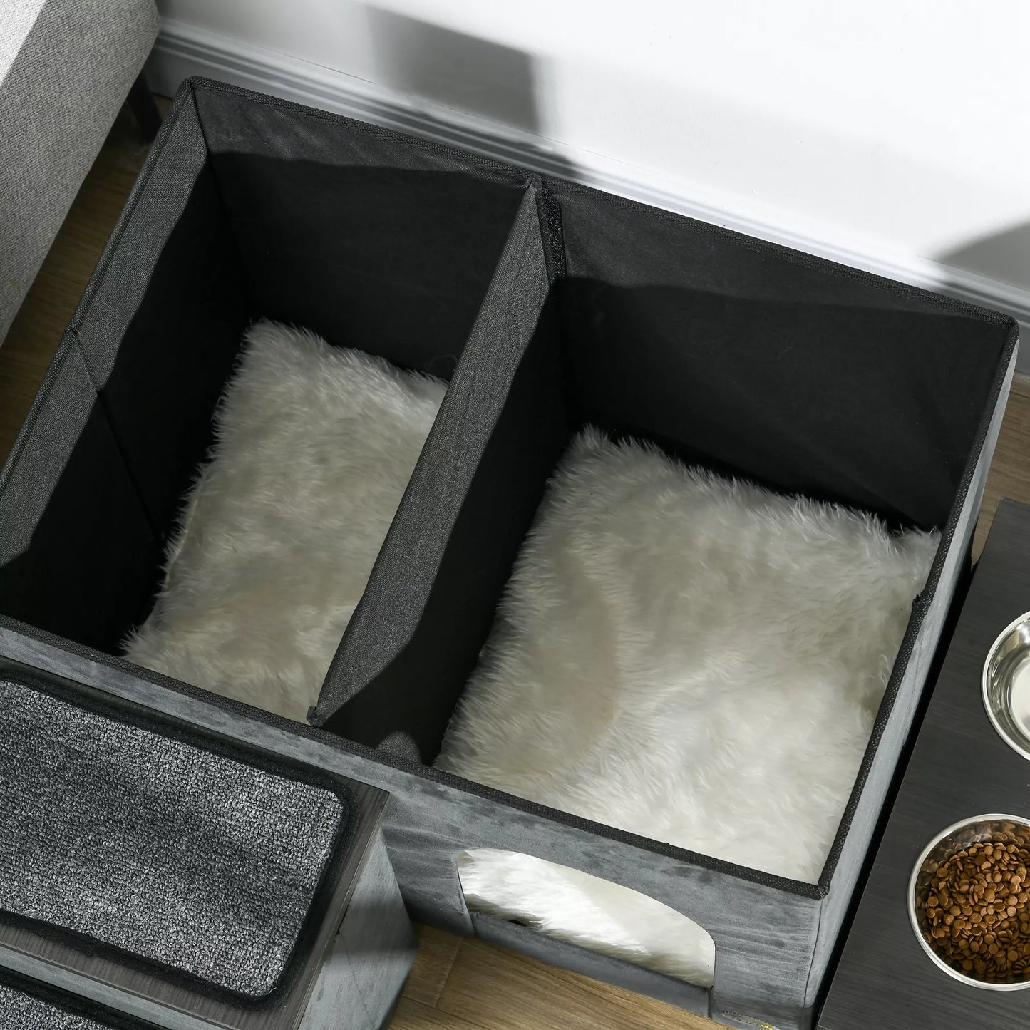 Katės namelis Katės namelis Katės urvas, 3 laipteliai gyvūnams, 2 ėdalo dubenėliai, 70 x 50 x 51 cm,  pilkos spalvos