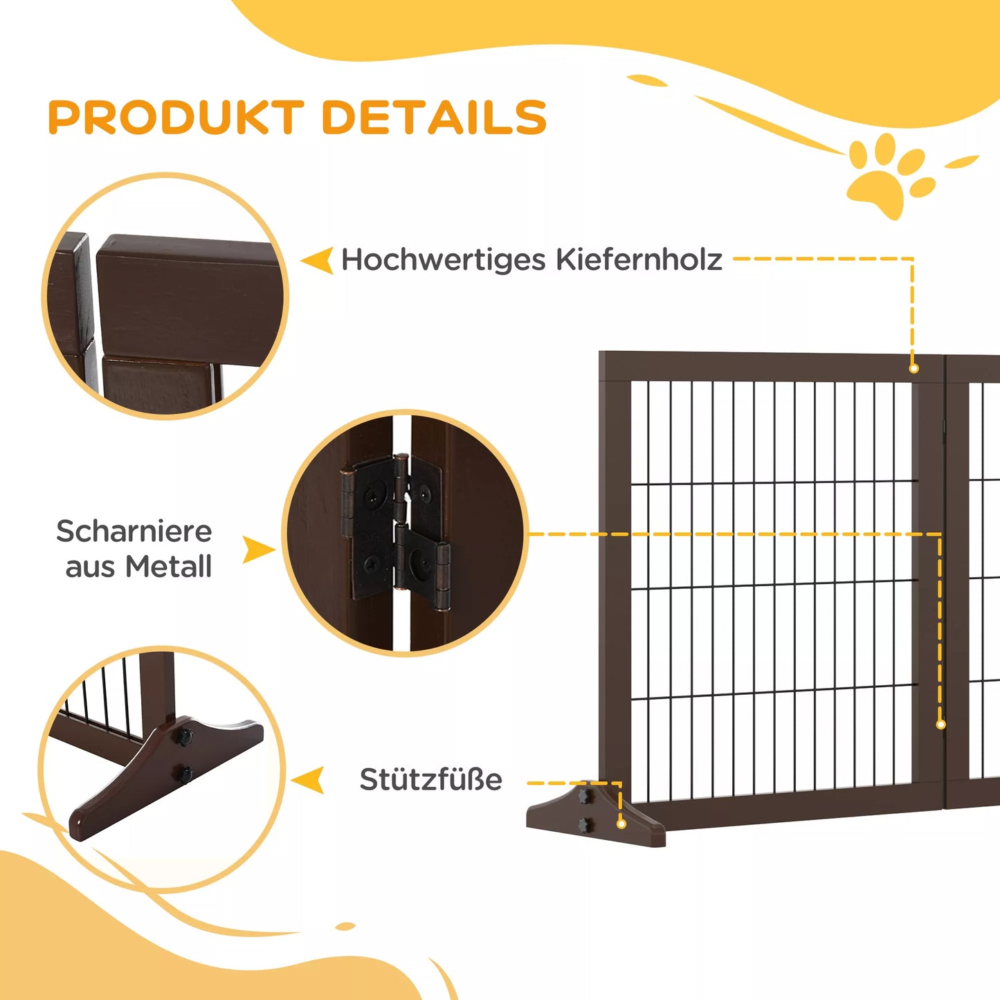 Šunų užtvaros / Apsauginė tvorelė laisvai pastatoma su kojomis 185 x 71 cm medinė šunų tvorelė, apsaugos nuo laiptų, laiptų užtvaras, šunų užtvaras laiptams, durims, virtuvei, koridoriui, 3 panelės, ruda
