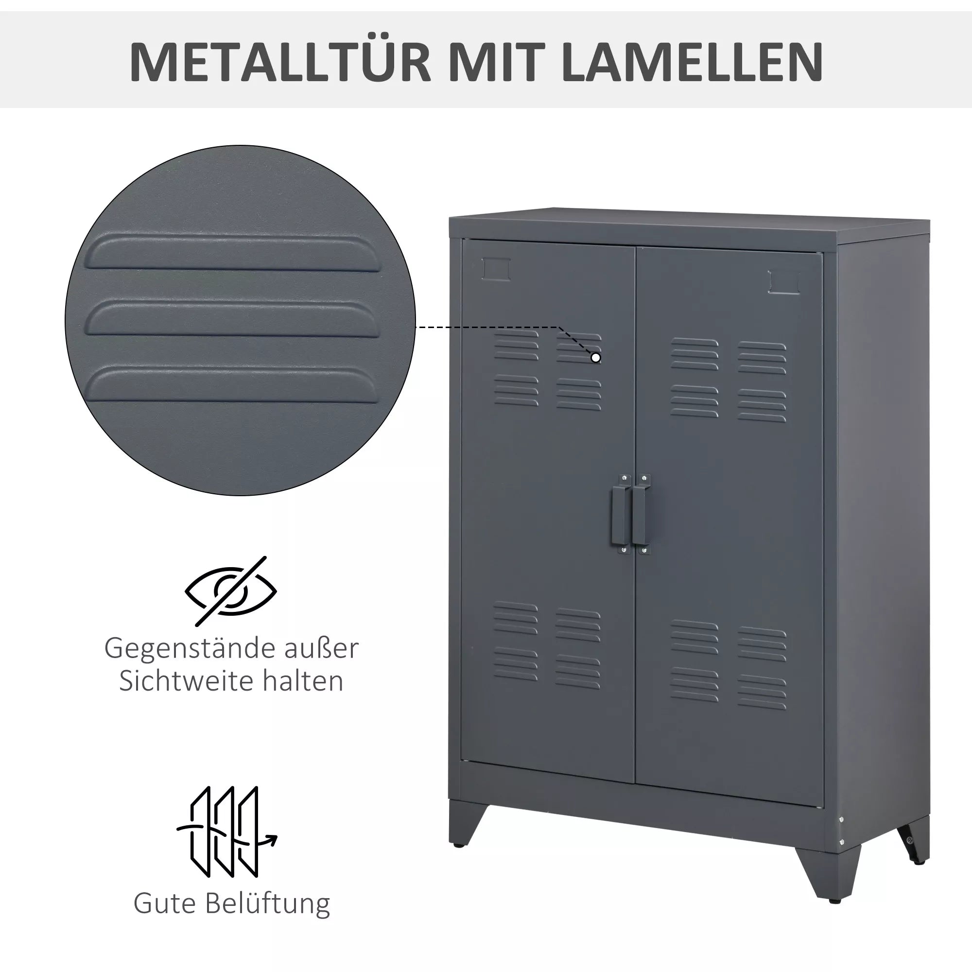 Pilka metalinė spinta su lamelių durelėmis