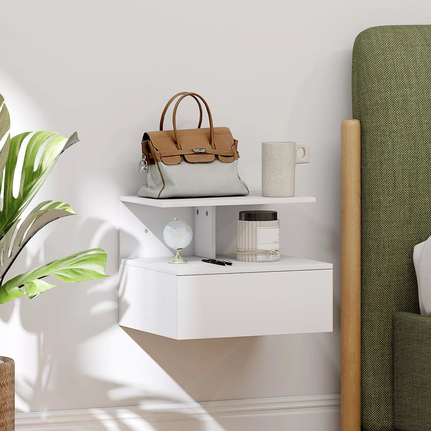 Pakabinamas naktinis staliukas, pagalbinis staliukas su stalčiumi, atvira niša, baltos spalvos, 39,8 x 35 x 31,6 cm