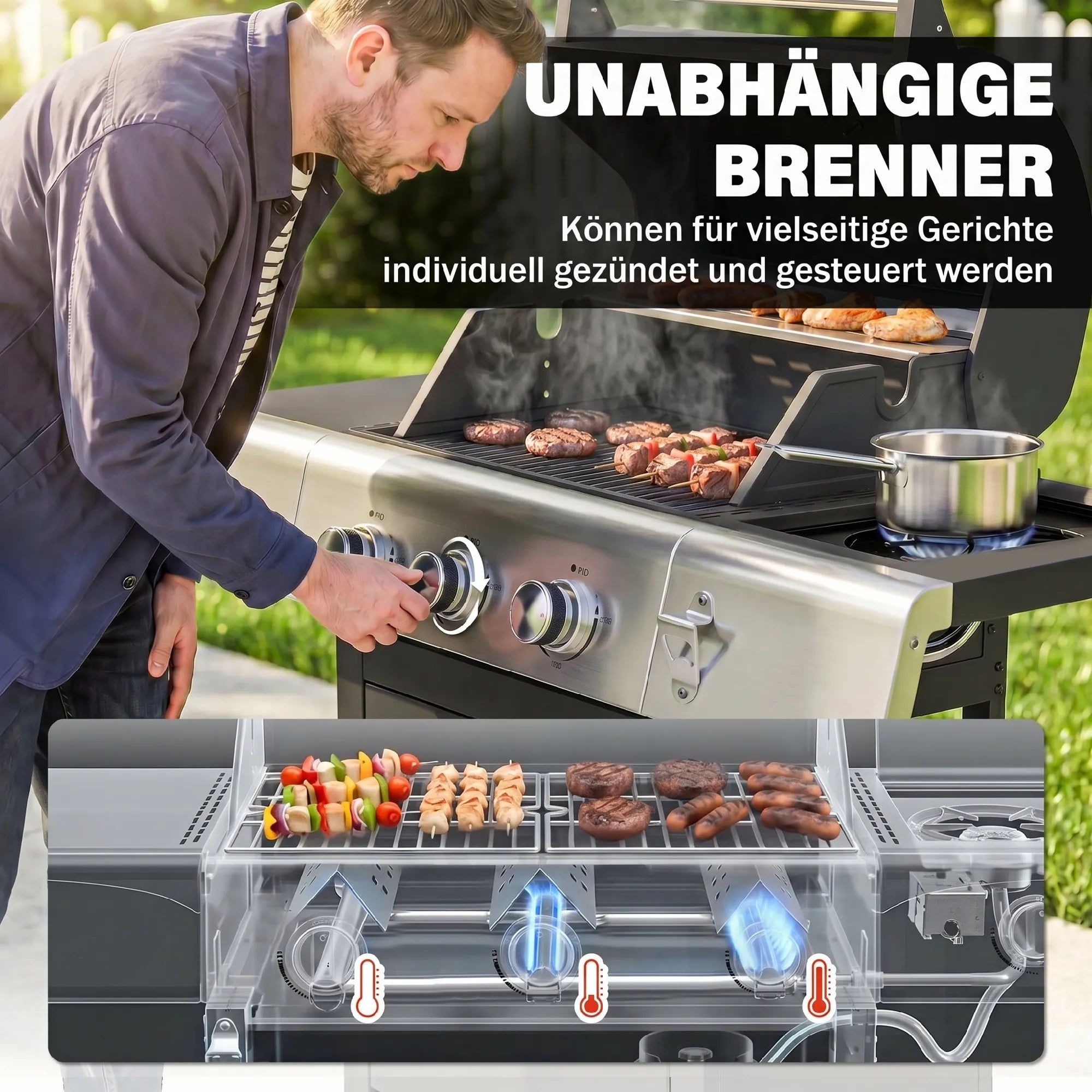 Dujinis grilis 10,5 kW, 3+1 degikliai, su šoniniu degikliu, termometru ir ketaus grotelėmis, juodas