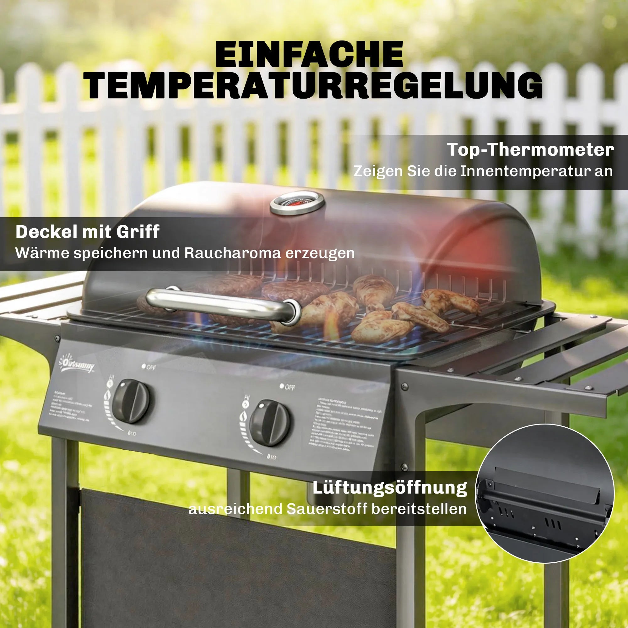 Dujinis grilis 5 kW su 2 degikliais ir termometru juodas