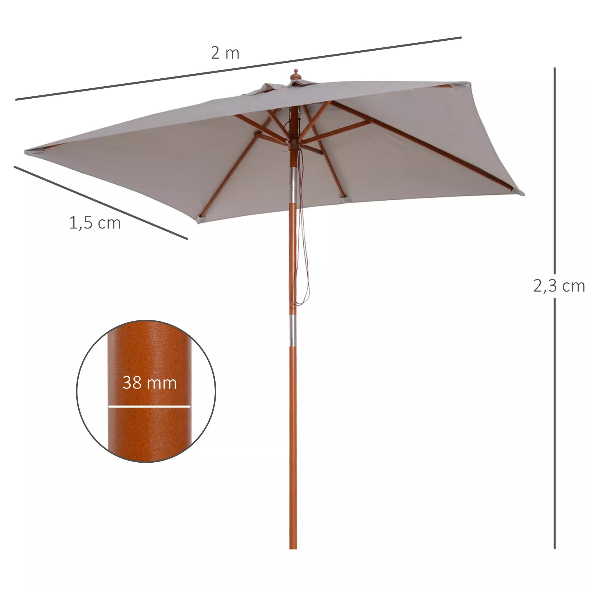 Skėtis nuo saulės 200 x 150 x 235 cm Sulankstomas sodo skėtis, reguliuojamas 3 pakopomis, stačiakampis, atsparus vandeniui ir UV spinduliams, skirtas paplūdimiui, balkonui, terasai, sodui, pilkos spalvos