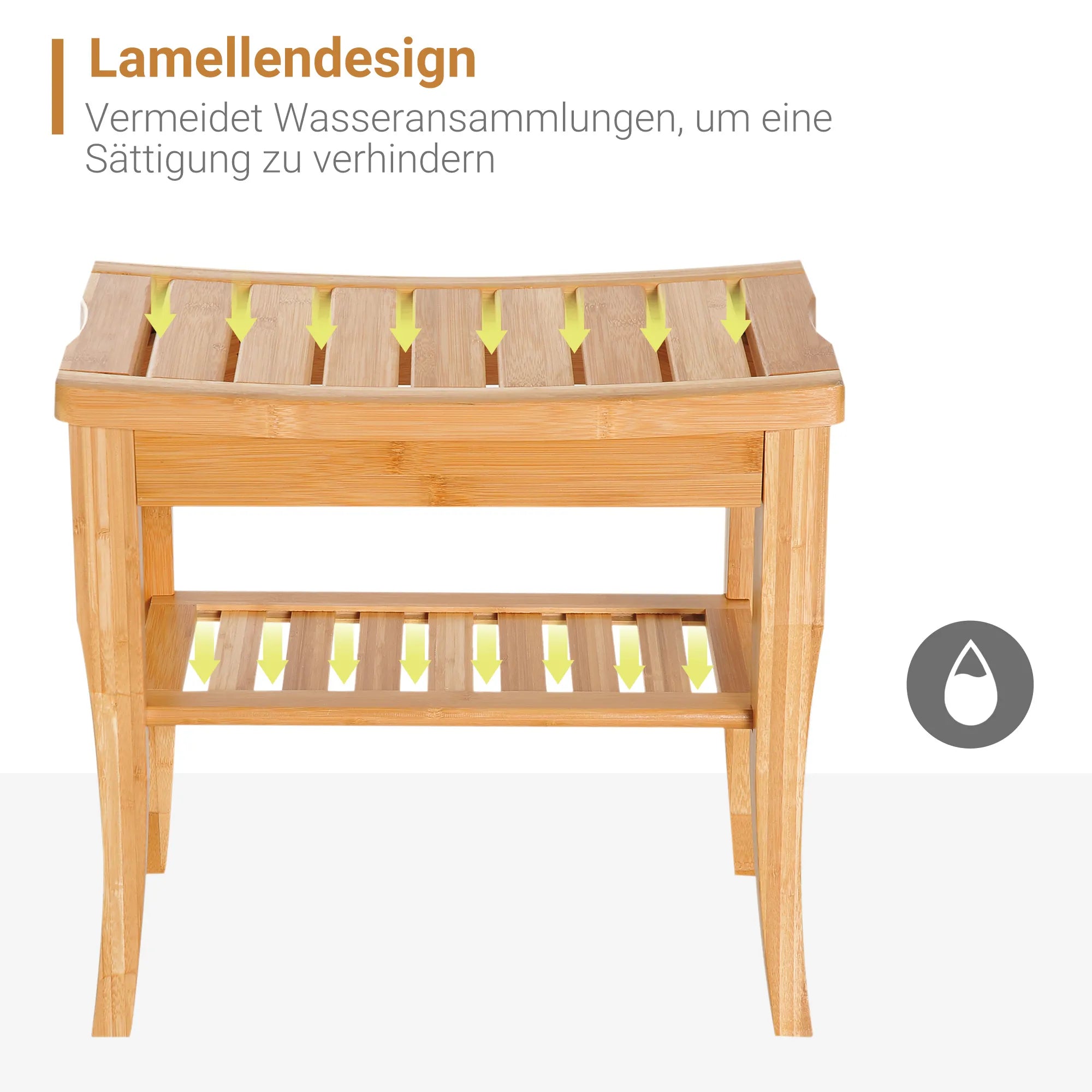 Dušo kėdė su lentyna, bambukinė iki 100 kg, 47,5 x 26 x 44,5 cm, natūralaus medžio