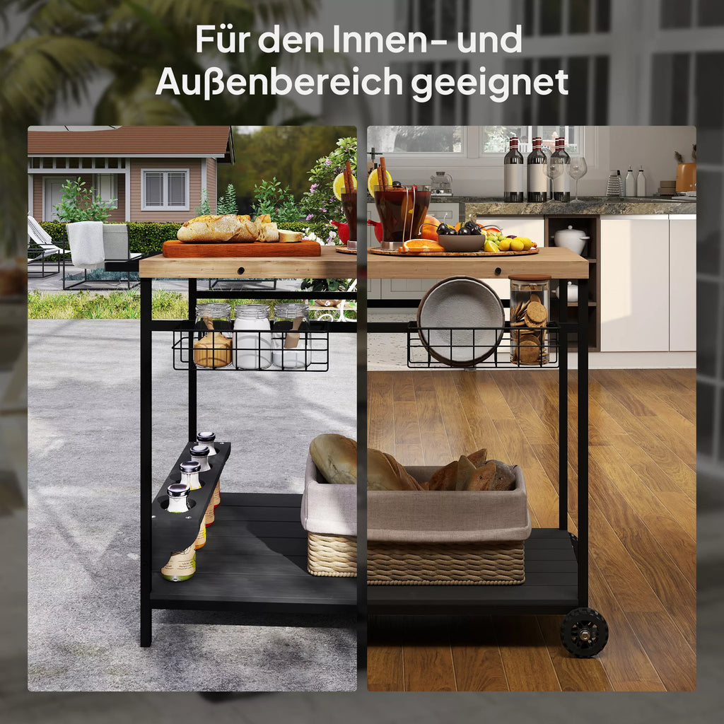 Patiekimo vežimėlis, virtuvės vežimėlis, 2 aukštai, 4 butelių laikikliai, vidaus/lauko, natūralus/juodas