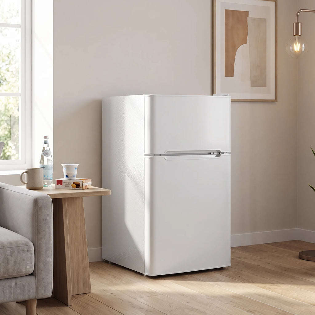 Dviduris mini šaldytuvas su šaldiklio skyriumi, reguliuojamu termostatu, 90 l, baltas