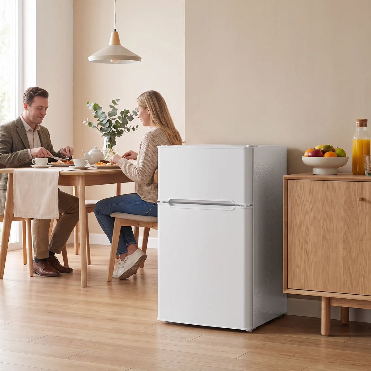 Dviduris mini šaldytuvas su šaldiklio skyriumi, reguliuojamu termostatu, 90 l, baltas