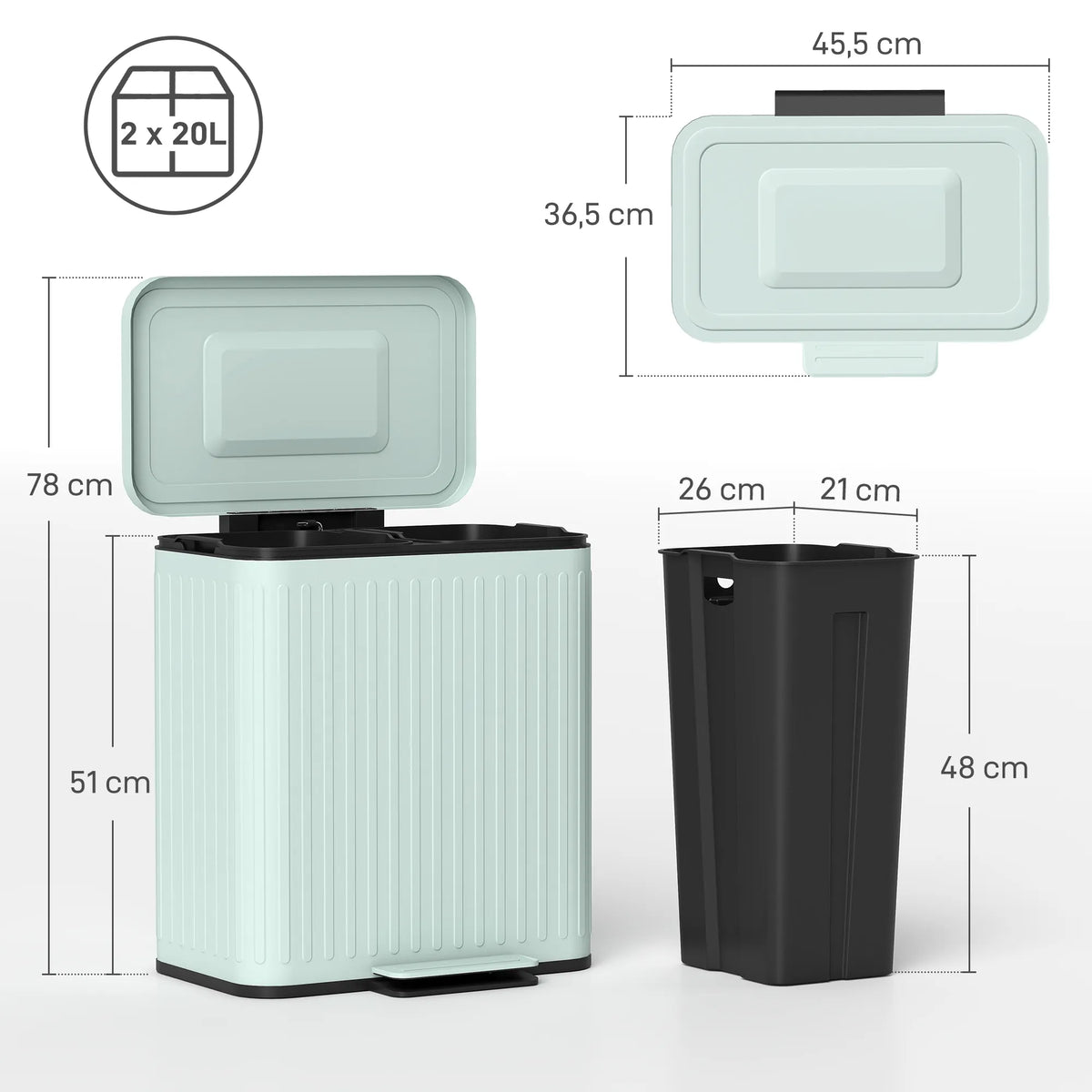 Šiukšliadėžės matmenų schema: 78 cm aukštis, 45,5 cm plotis, 2x20 l