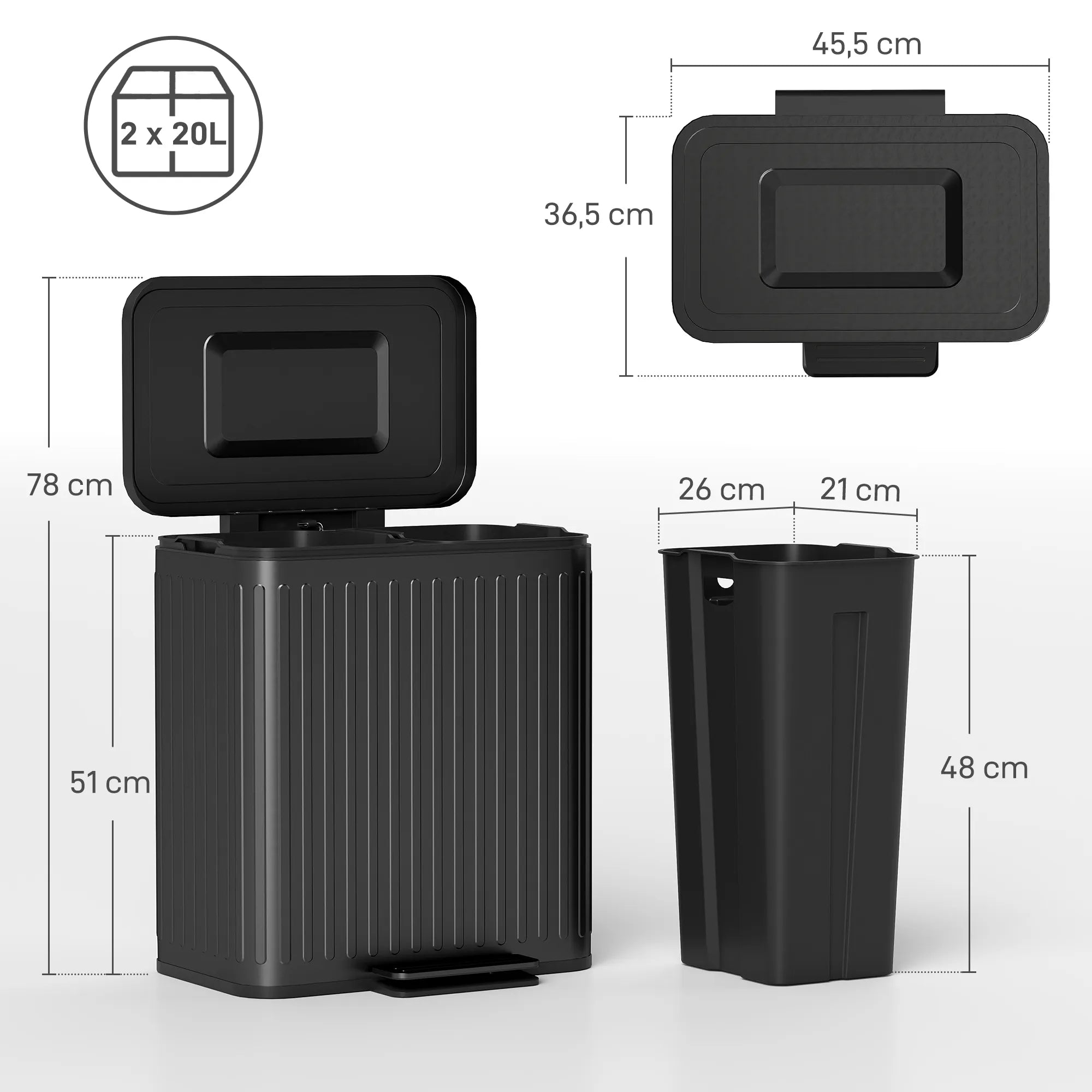 Dviguba šiukšliadėžė su pedalais, 2 x 20 l, juoda