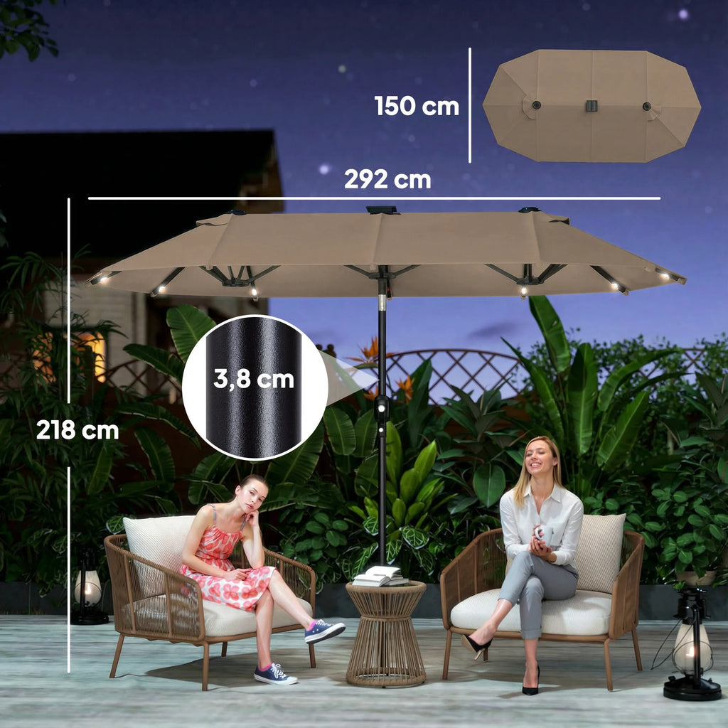 Dvigubas skėtis nuo saulės 292 x 150 cm su LED apšvietimu chaki spalvos