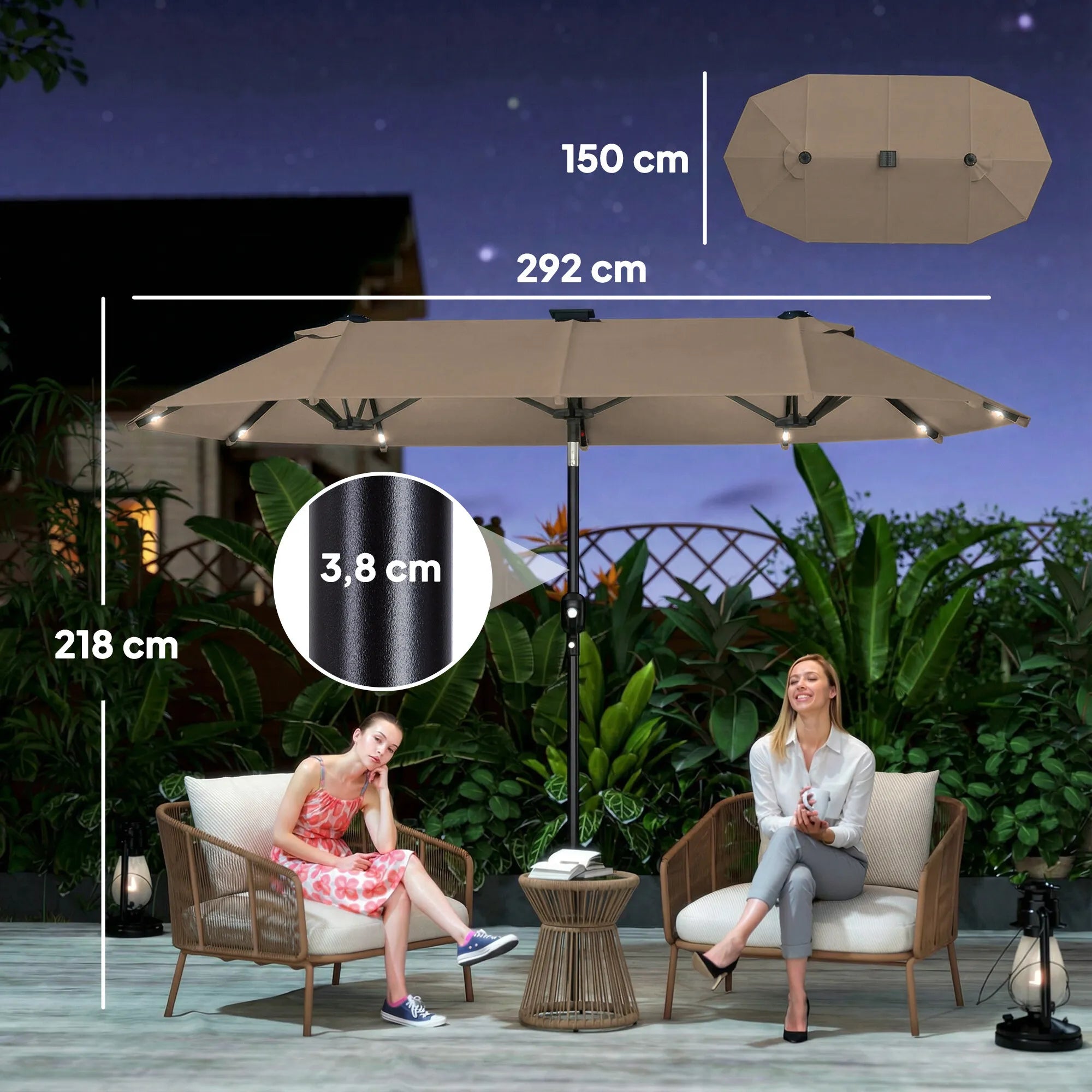 Dvigubas skėtis nuo saulės 292 x 150 cm su LED apšvietimu chaki spalvos