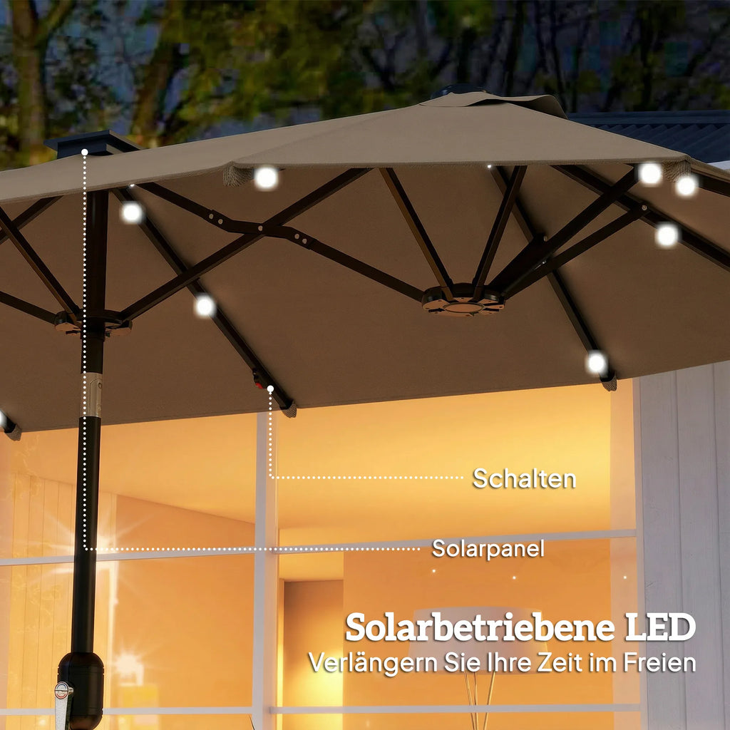 Dvigubas skėtis nuo saulės 292 x 150 cm su LED apšvietimu chaki spalvos
