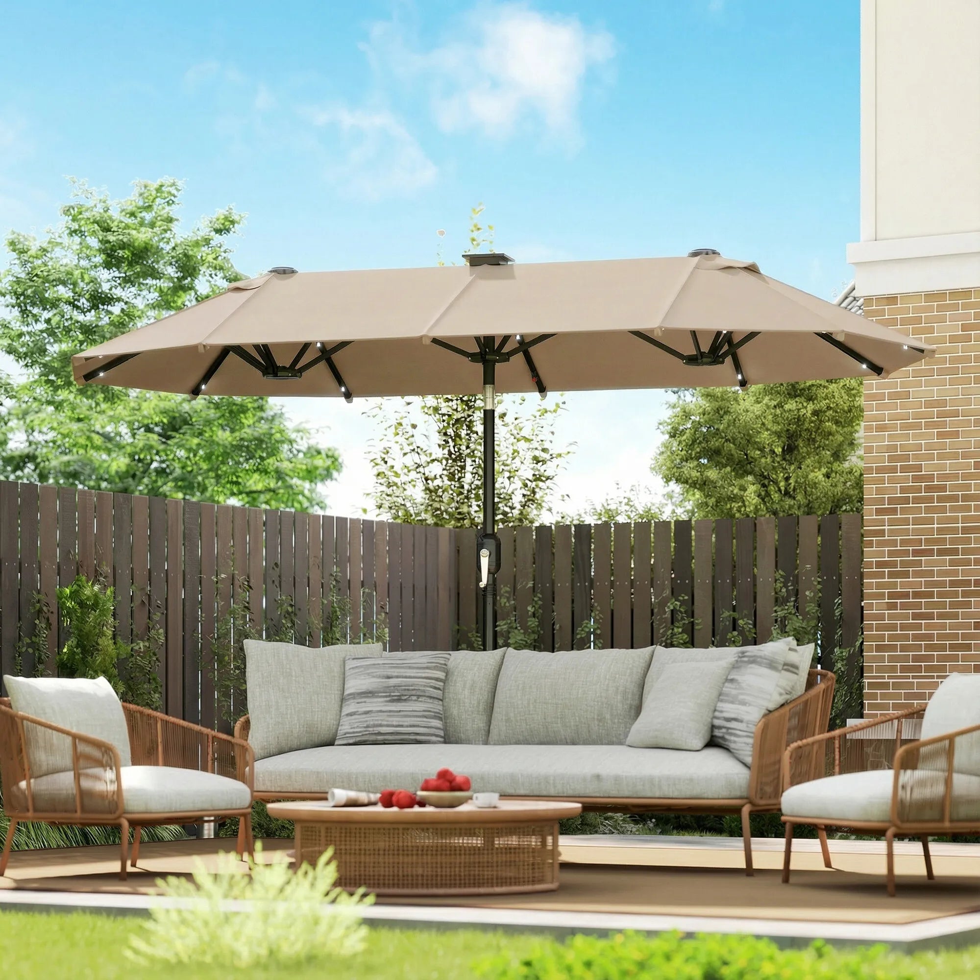 Dvigubas skėtis nuo saulės 292 x 150 cm su LED apšvietimu chaki spalvos