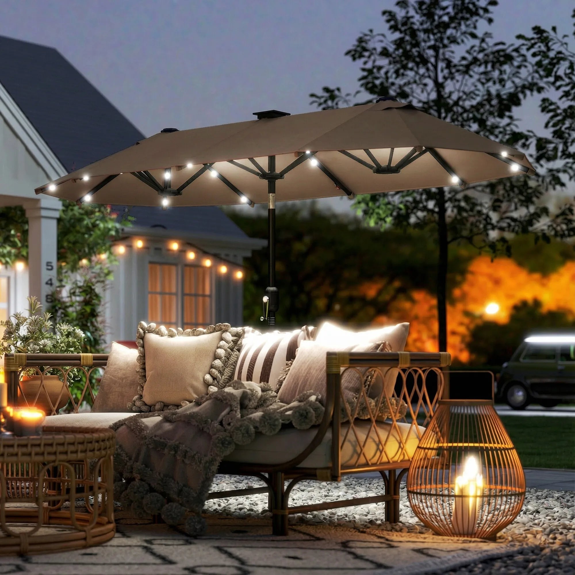 Dvigubas skėtis nuo saulės 292 x 150 cm su LED apšvietimu chaki spalvos