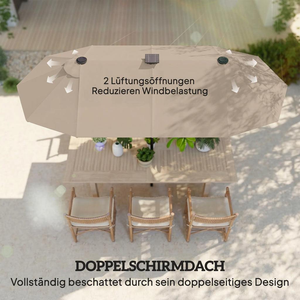 Dvigubas skėtis nuo saulės 292 x 150 cm su LED apšvietimu chaki spalvos