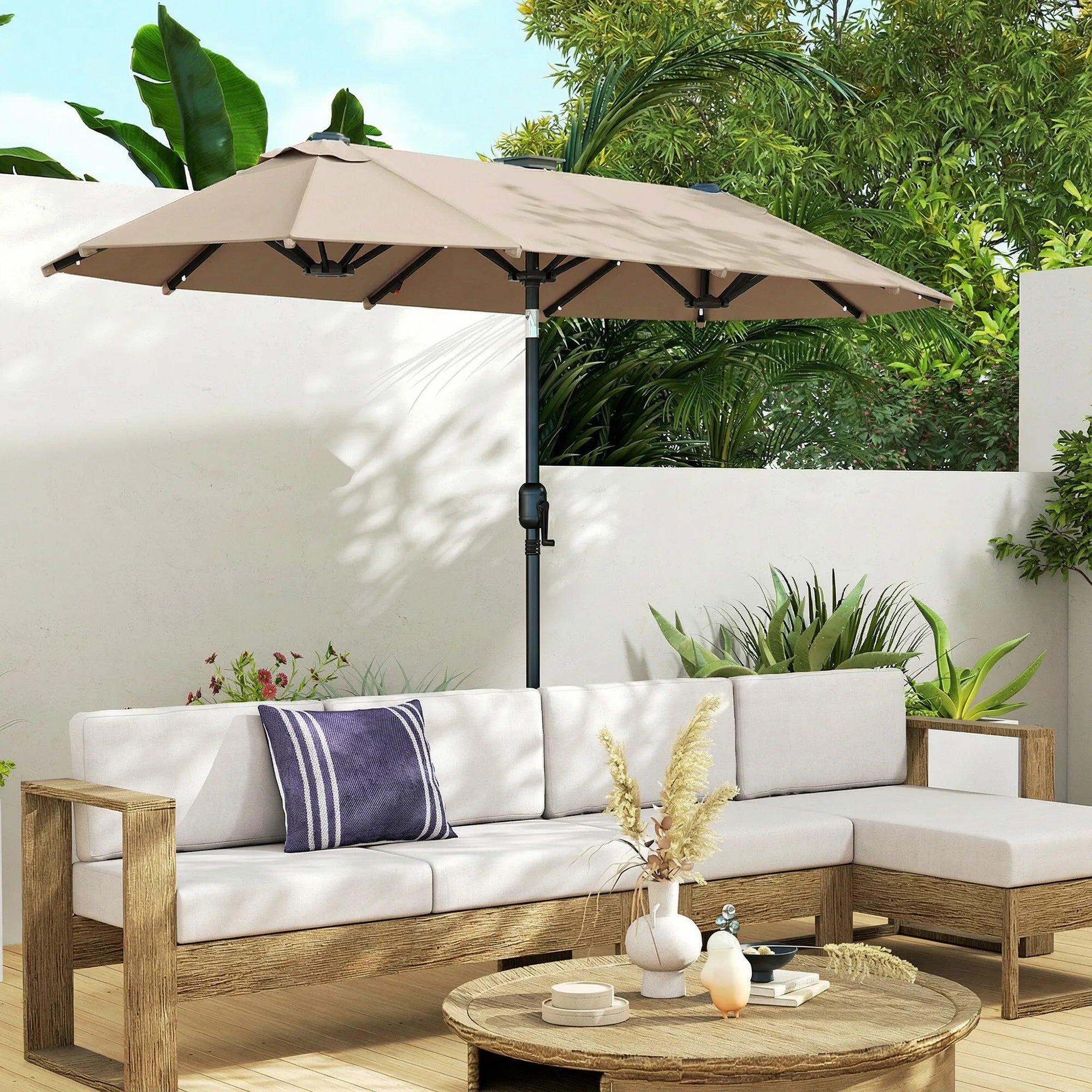 Dvigubas skėtis nuo saulės 292 x 150 cm su LED apšvietimu chaki spalvos