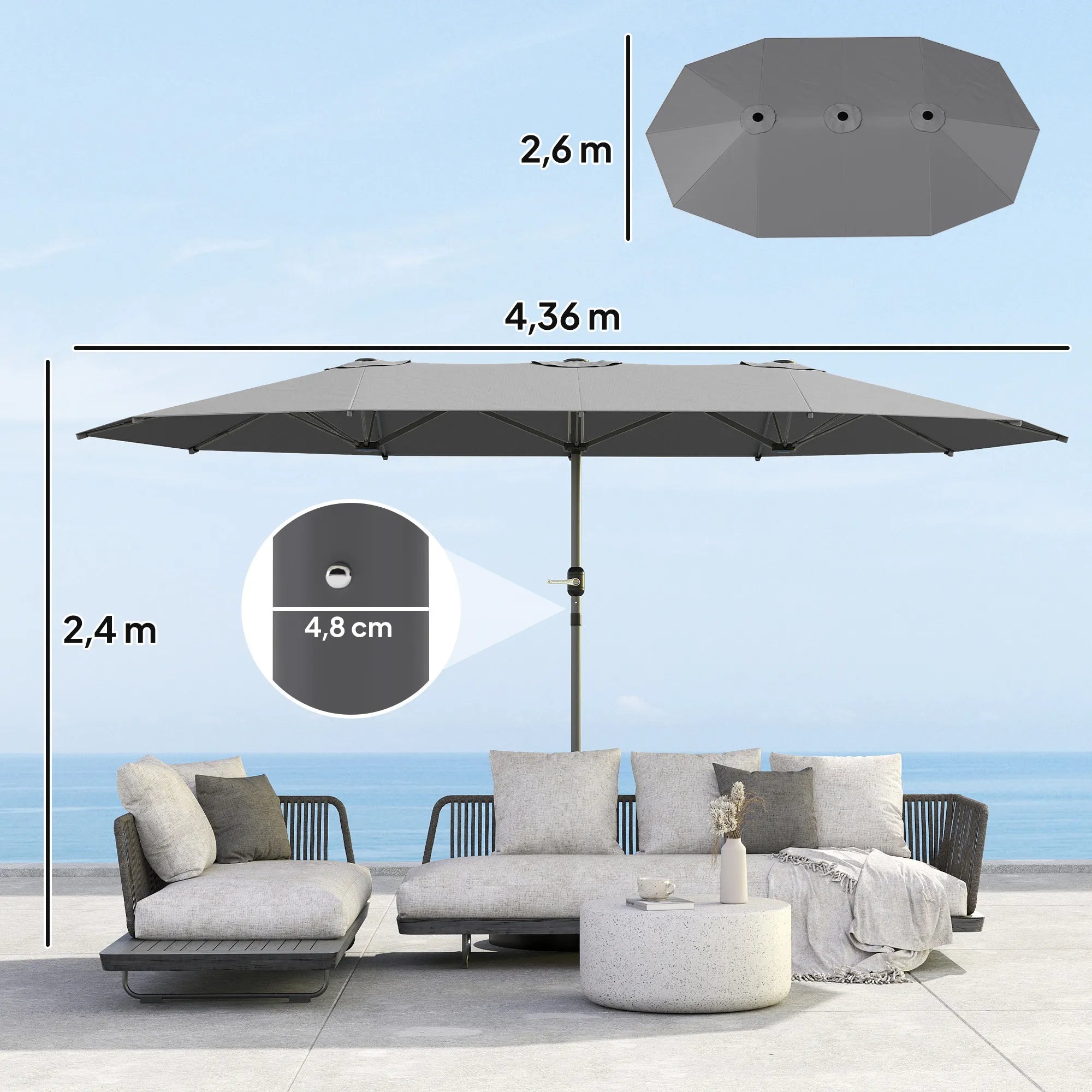 Dvigubas sodo skėtis 436 x 260 cm su rankine alkūne tamsiai pilkas