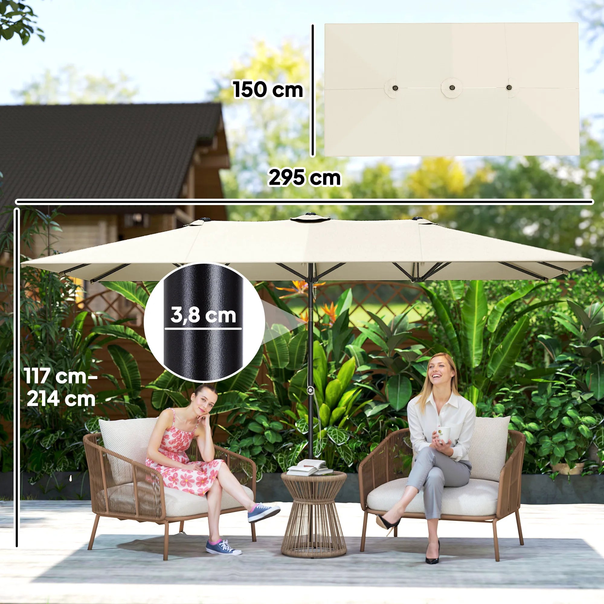 Dvigubas sodo skėtis poliesterio 150x295 cm reguliuojamas kreminės spalvos