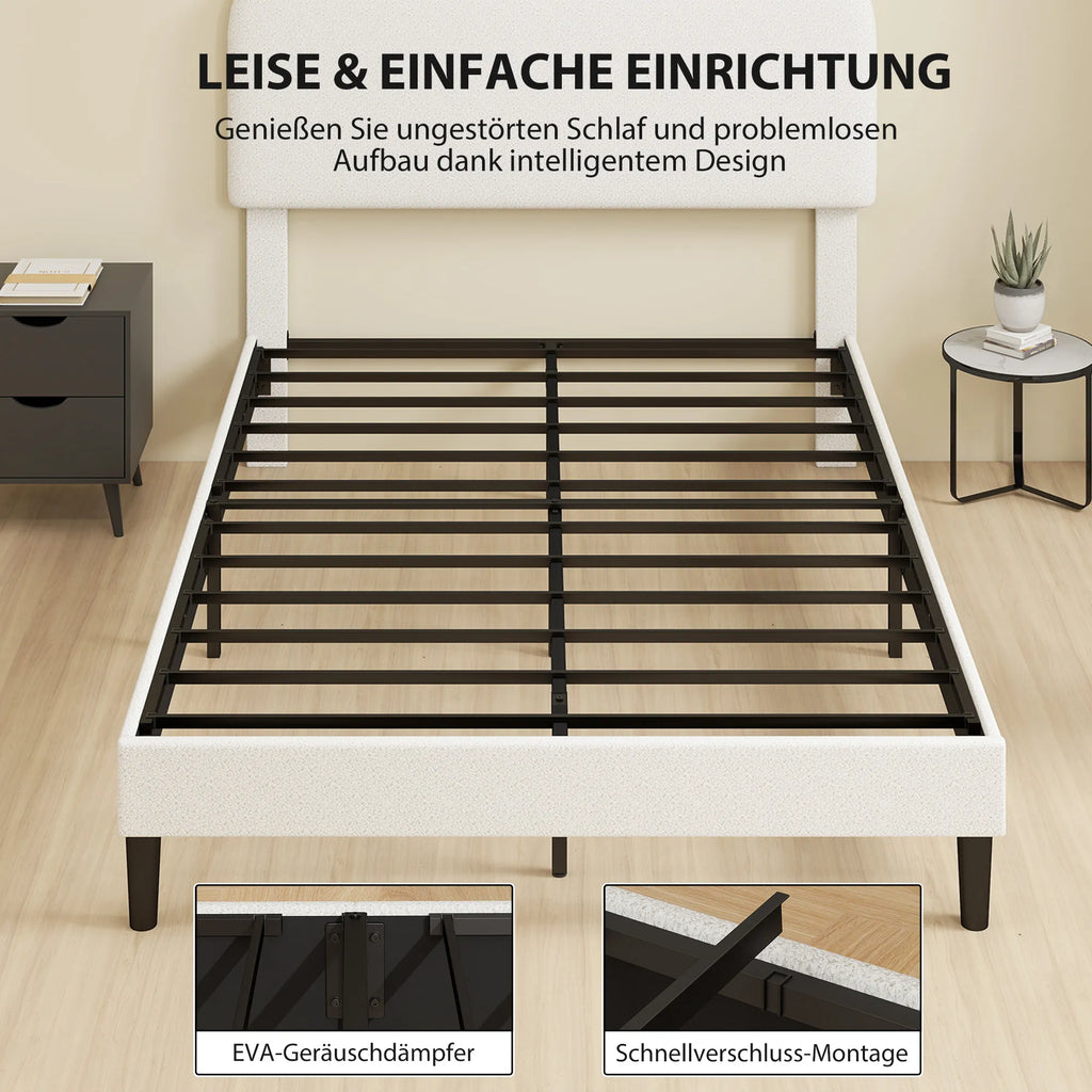 Dvigulė lova su „Teddy“ audinio galvūgaliu, metalinis rėmas, iki 300 kg, baltas