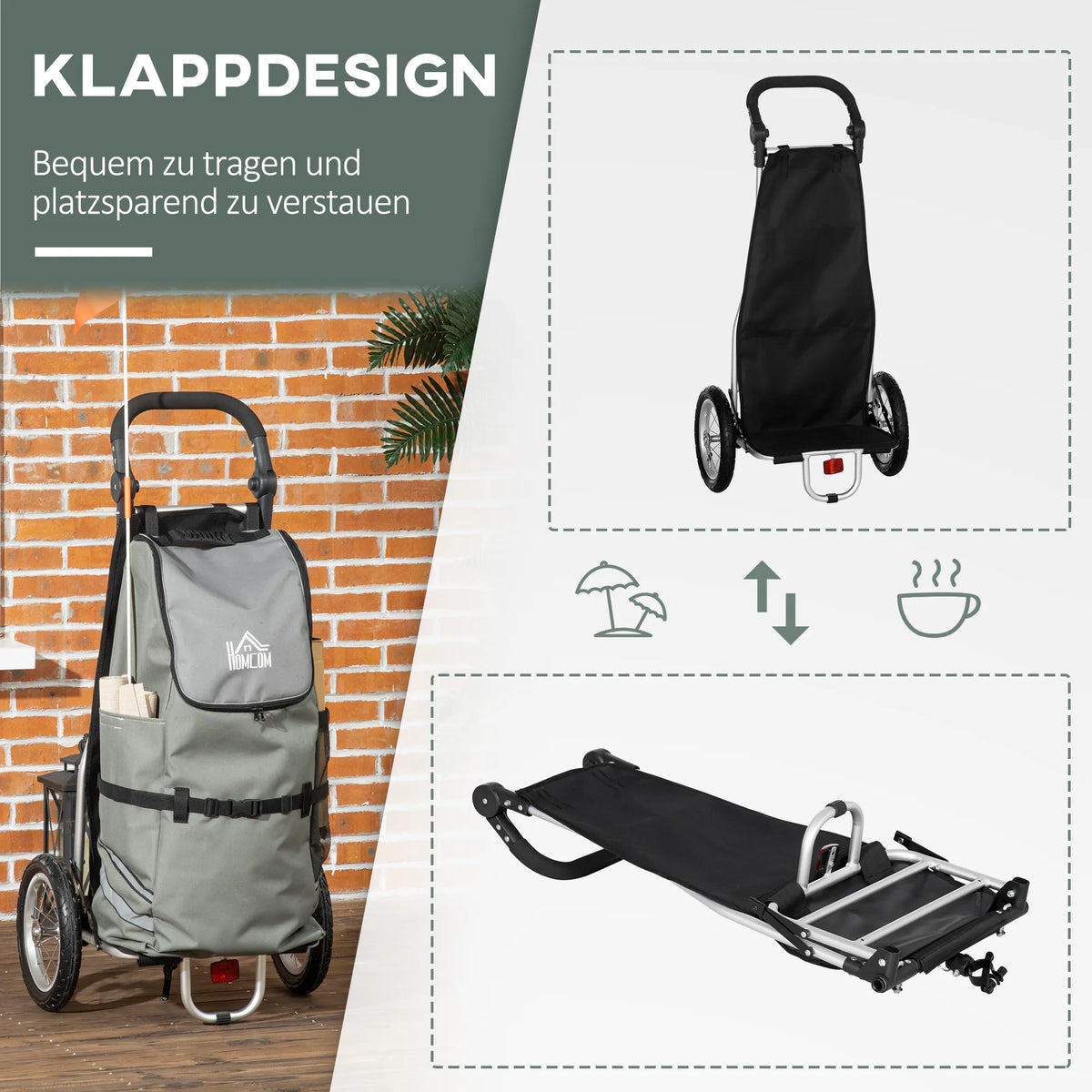 Dviračio priekaba 3-in-1 su pirkinių krepšiu, iki 24 kg, pilka