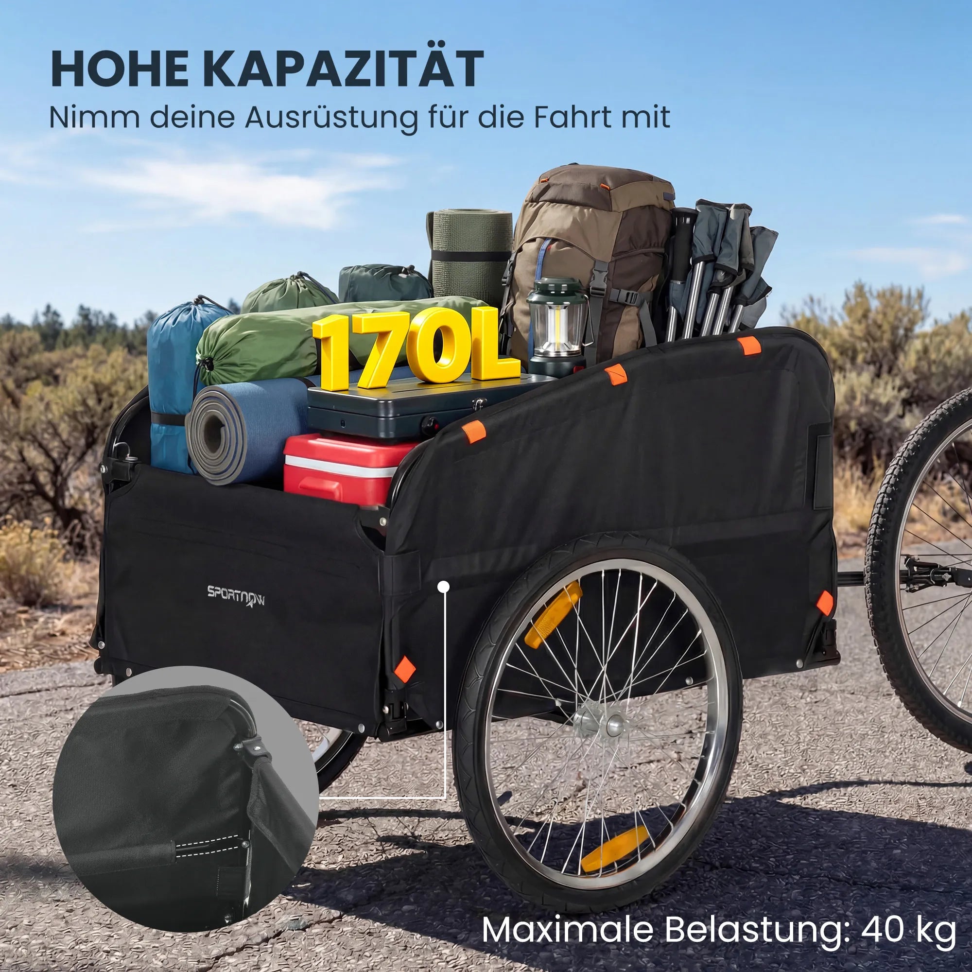 Dviračio priekaba krovininė 170 l, iki 40 kg, su uždangalu, raudona