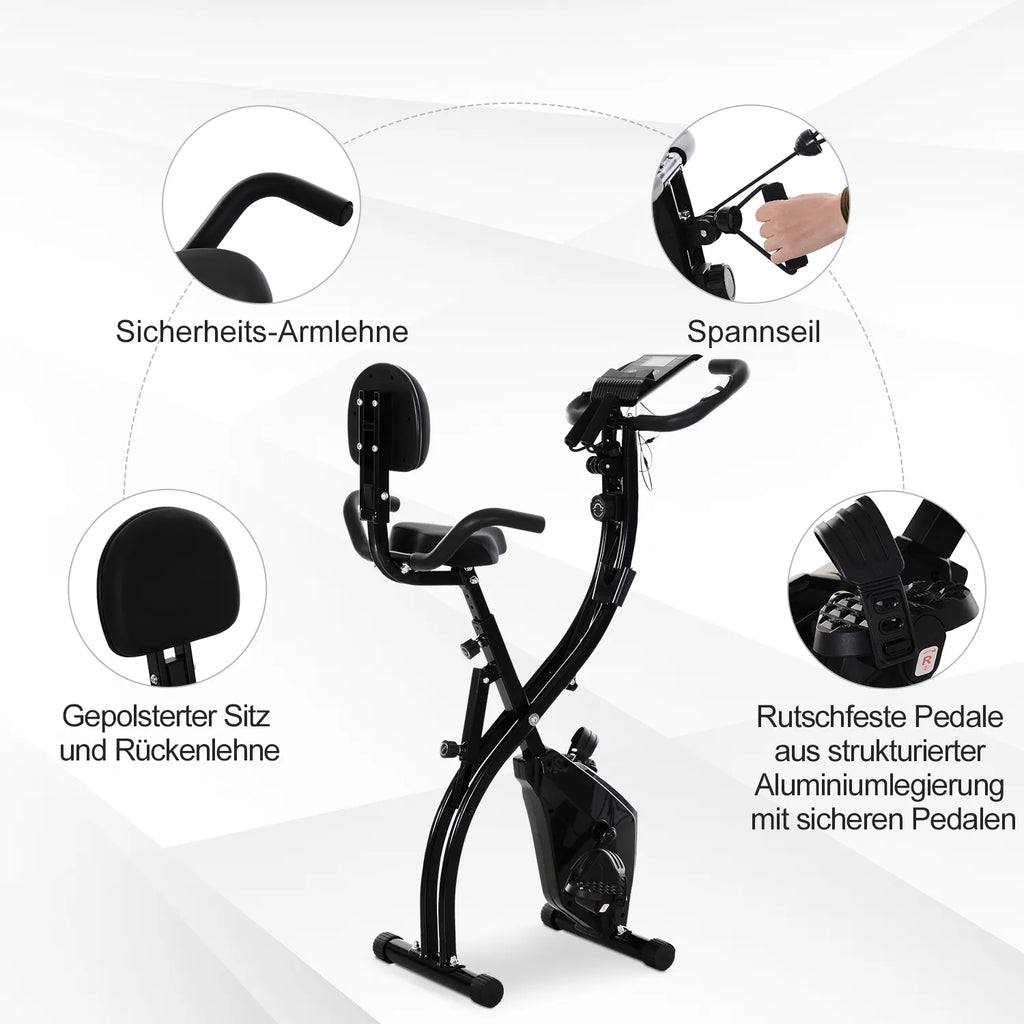 Kolažas su treniruoklio detalėmis: porankiu, sėdyne ir pedalais