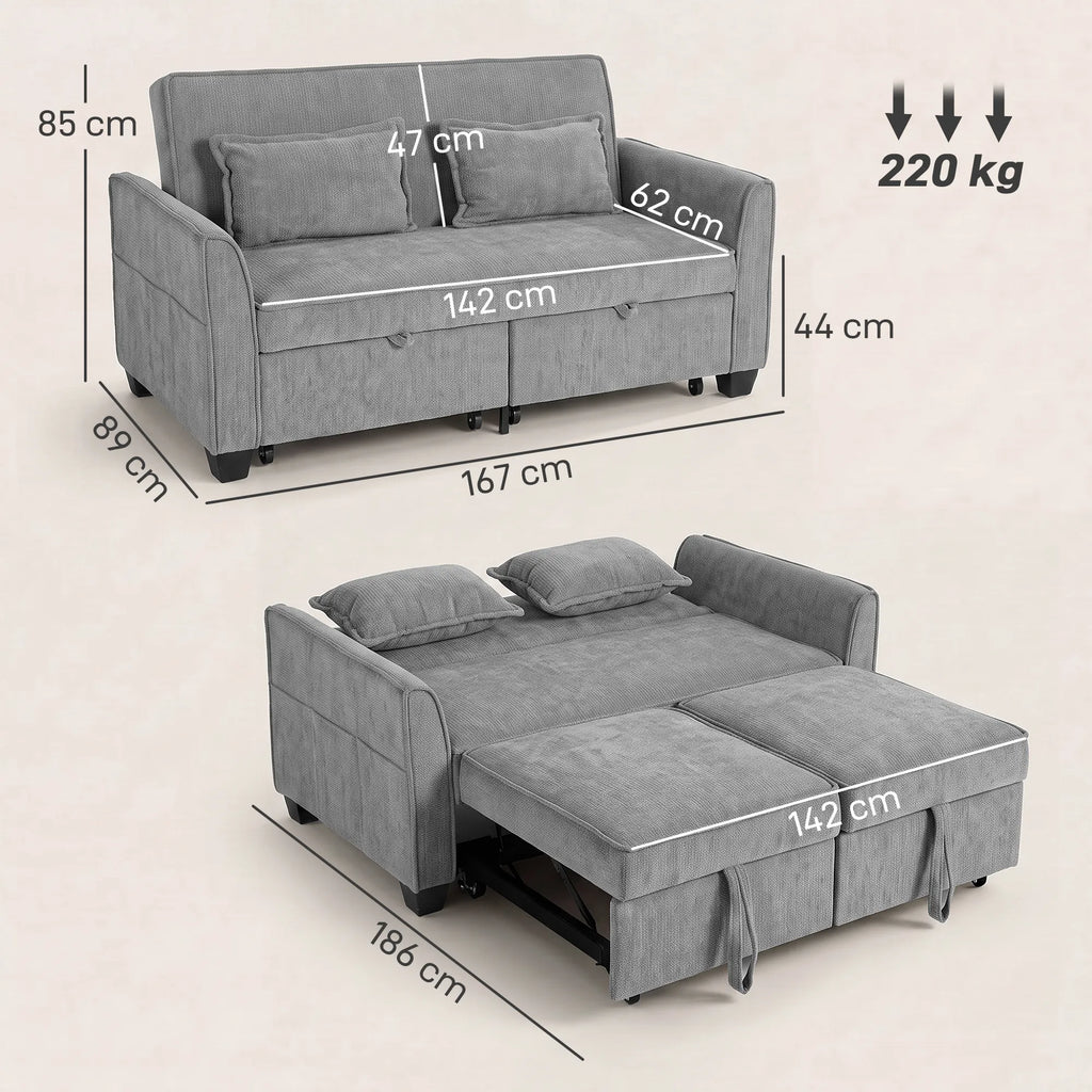 Dvivietė išskleidžiama sofa 4-in-1, pilka