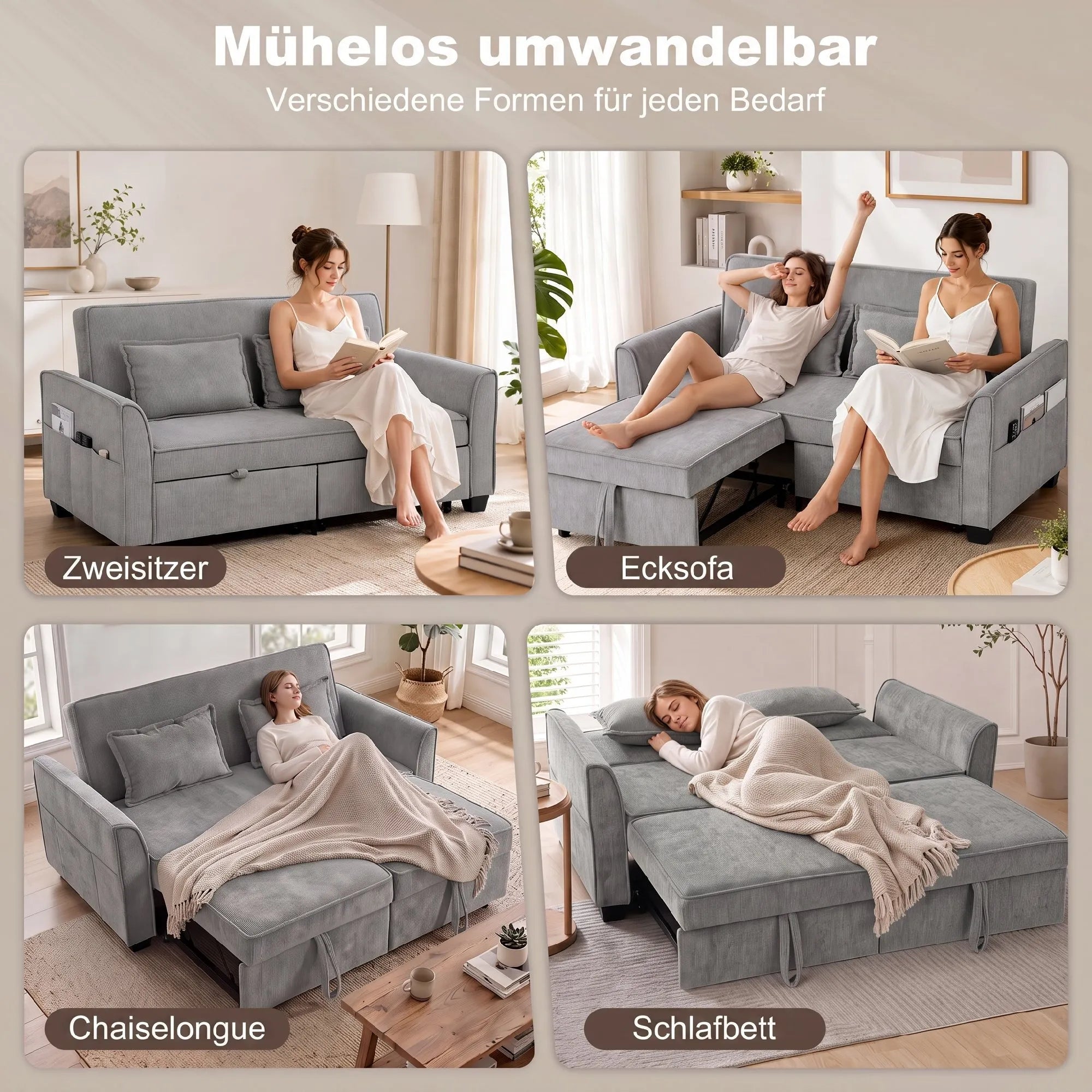 Dvivietė išskleidžiama sofa 4-in-1, pilka