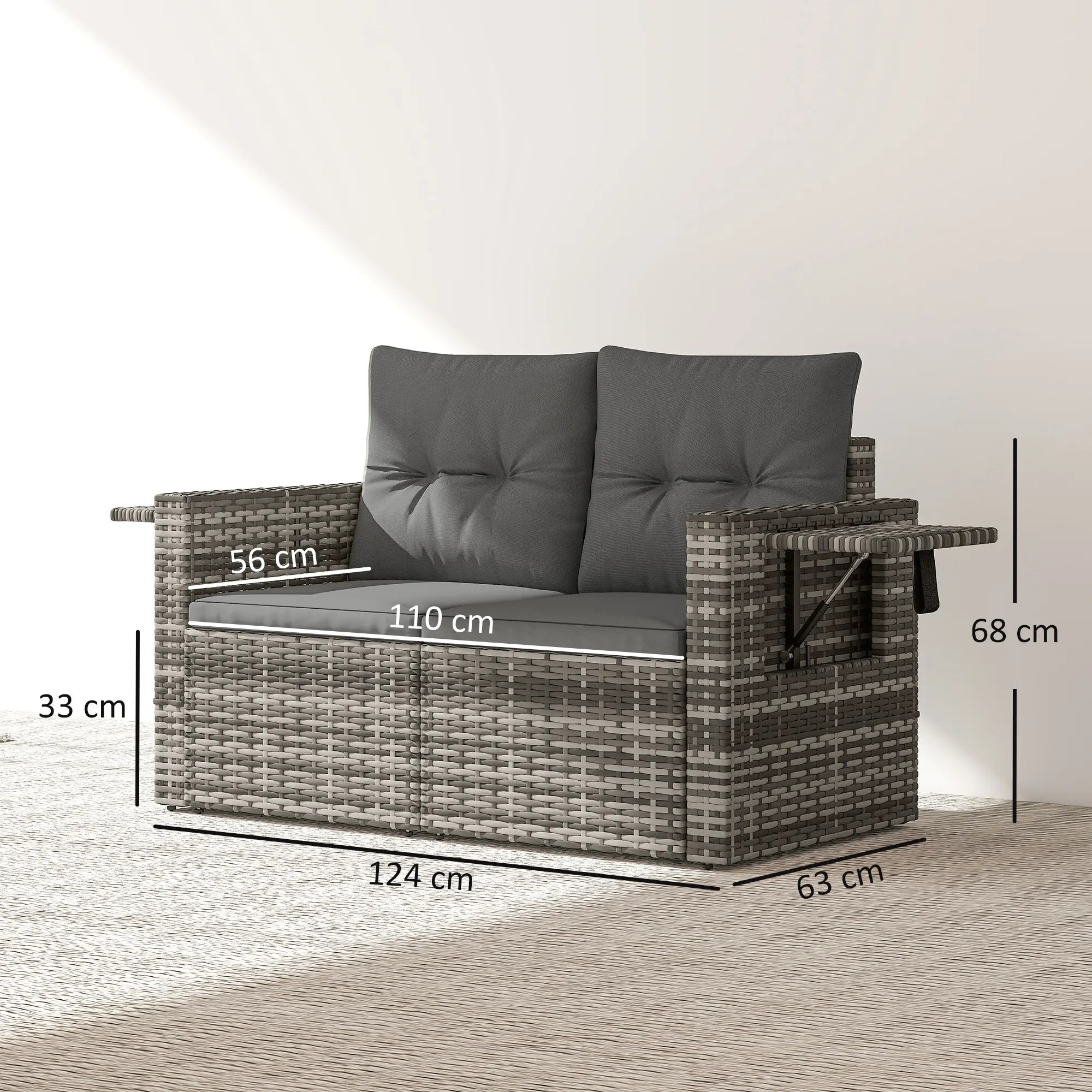 Dvivietė lauko sofa iš ratano su atlenkiamais staliukais šviesiai pilka