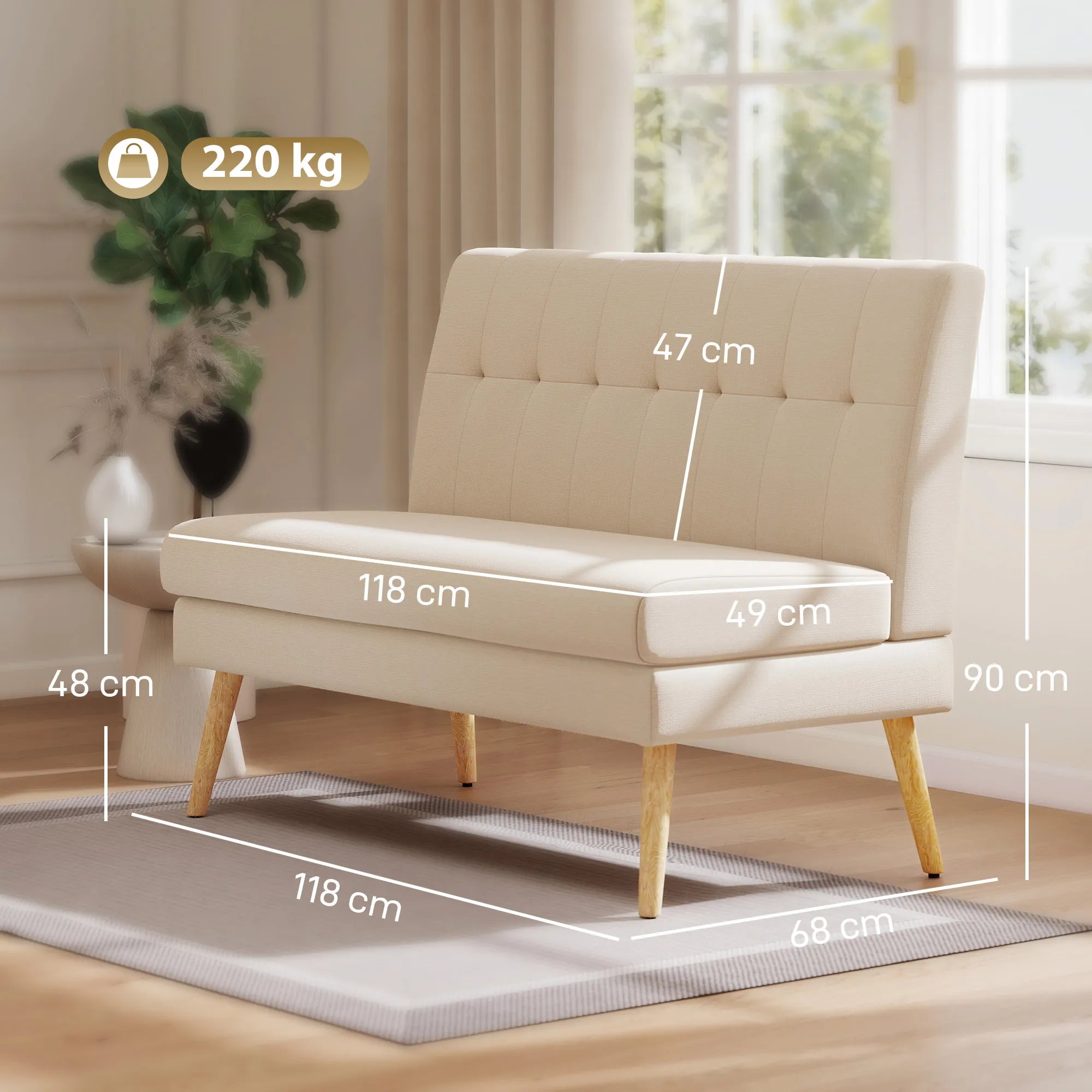 Dvivietė sofa, 118 cm pločio, smėlio spalvos