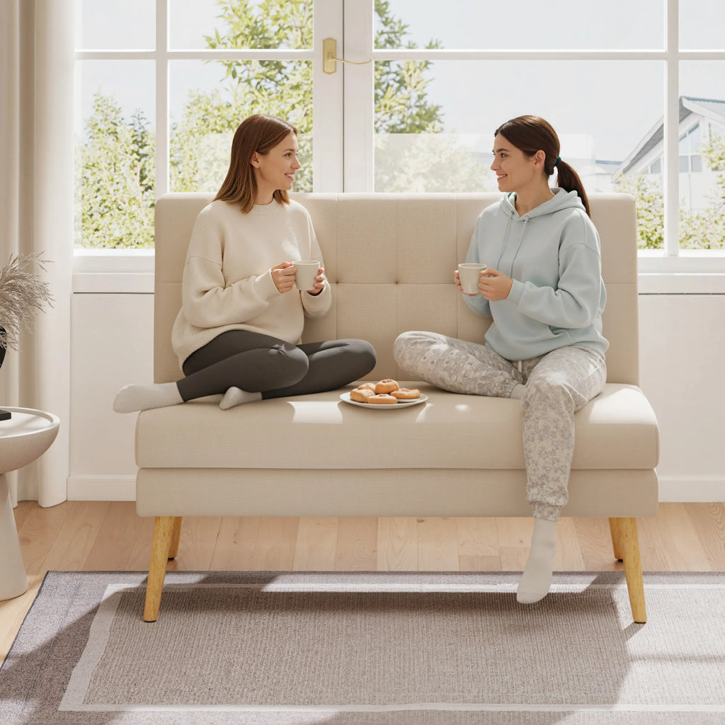 Dvivietė sofa, 118 cm pločio, smėlio spalvos