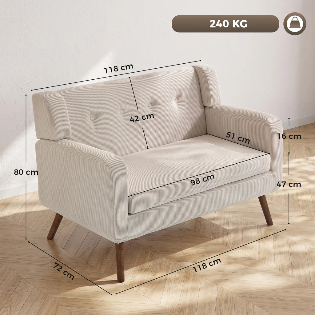 Dvivietės sofos matmenų schema: 118 x 72 x 80 cm, apkrova iki 240 kg