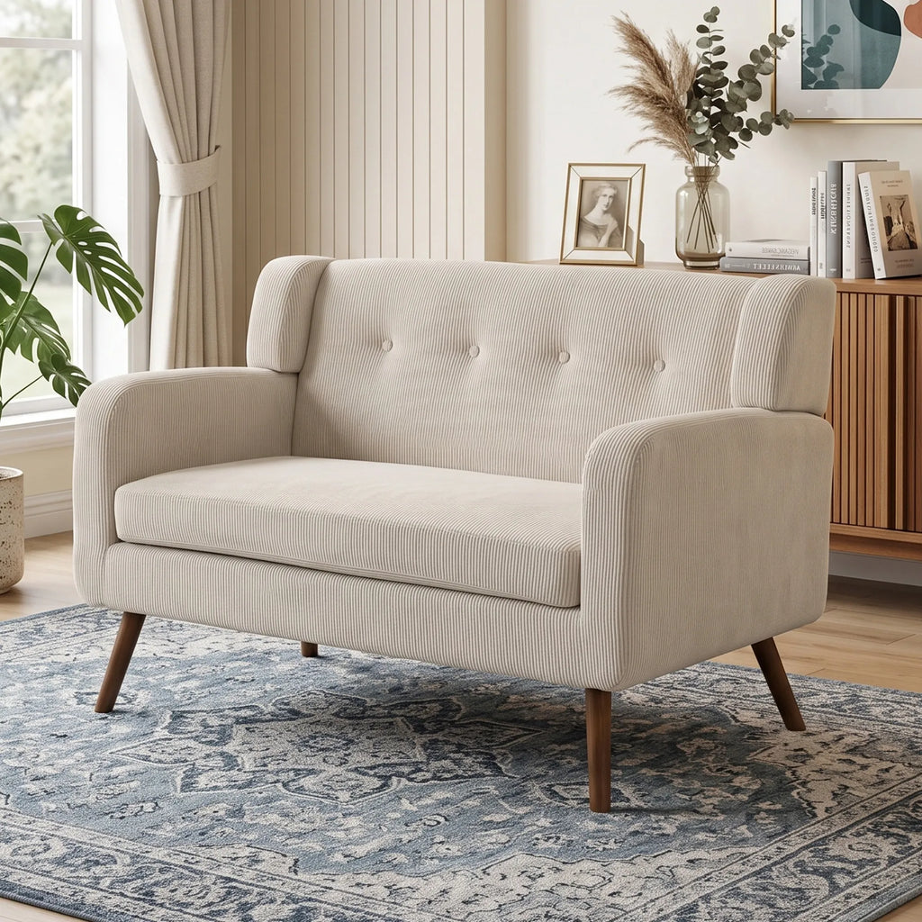Dvivietė sofa, 118 cm, smėlio spalvos, su kordiniu audiniu