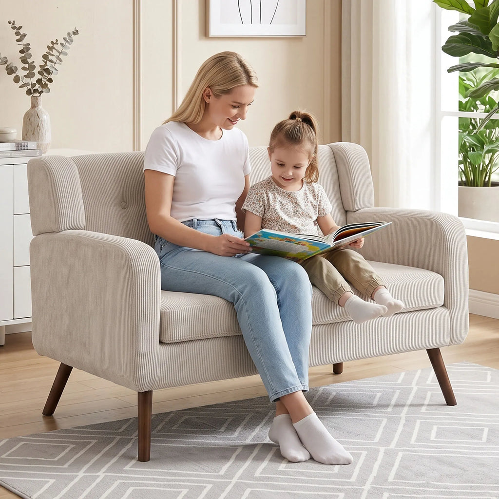 Mama su dukra jaukiai skaito knygą kartu sėdėdamos ant sofos