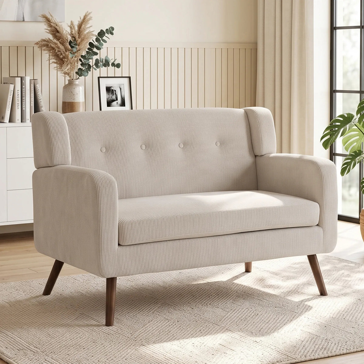Smėlio spalvos sofa jaukioje svetainėje šalia komodos ir augalų