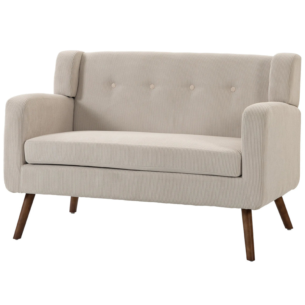 Dvivietė smėlio spalvos sofa su kordiniu audiniu ir medinėmis kojomis