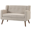 Dvivietė smėlio spalvos sofa su kordiniu audiniu ir medinėmis kojomis