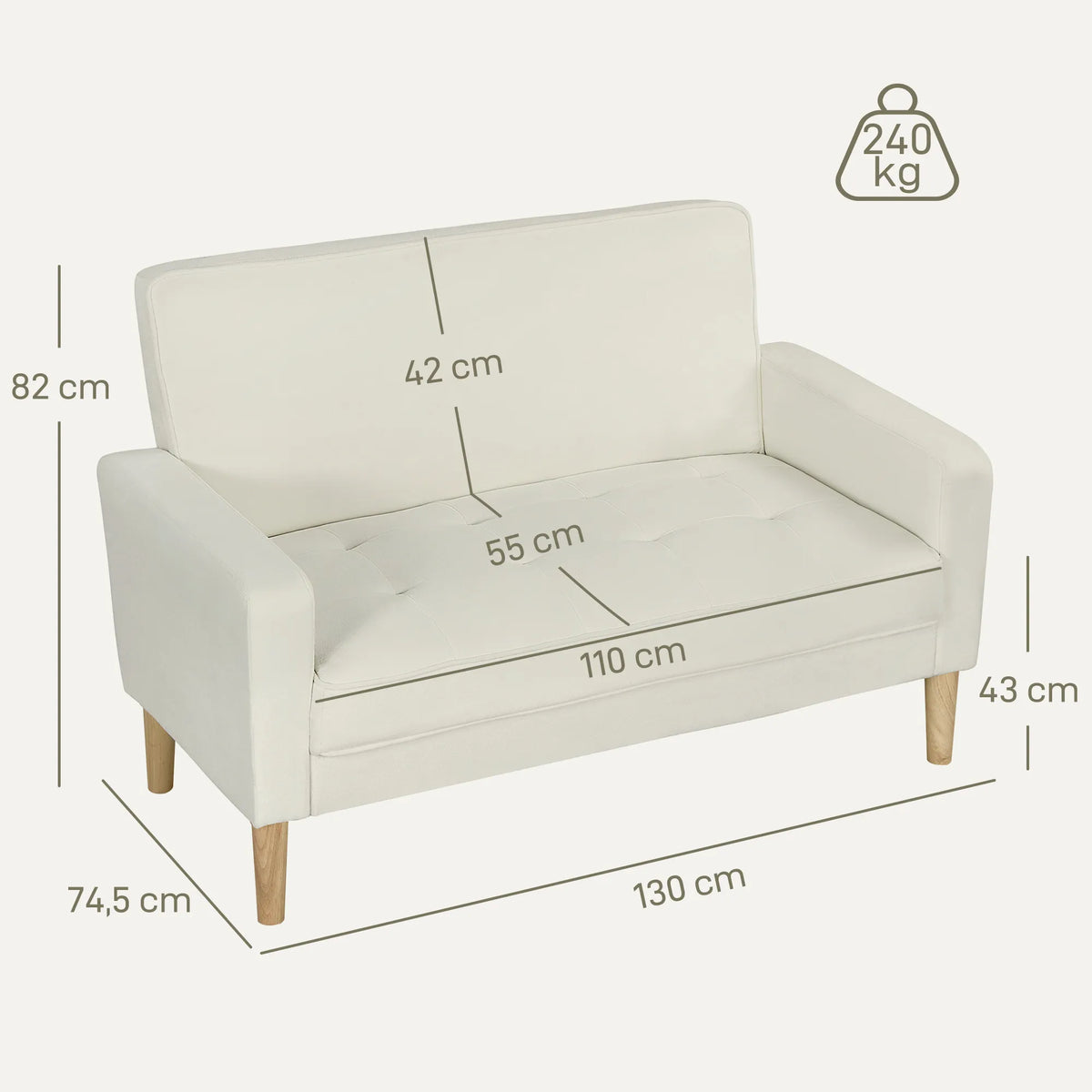 Dvivietė sofa, 130 cm pločio, kreminė balta