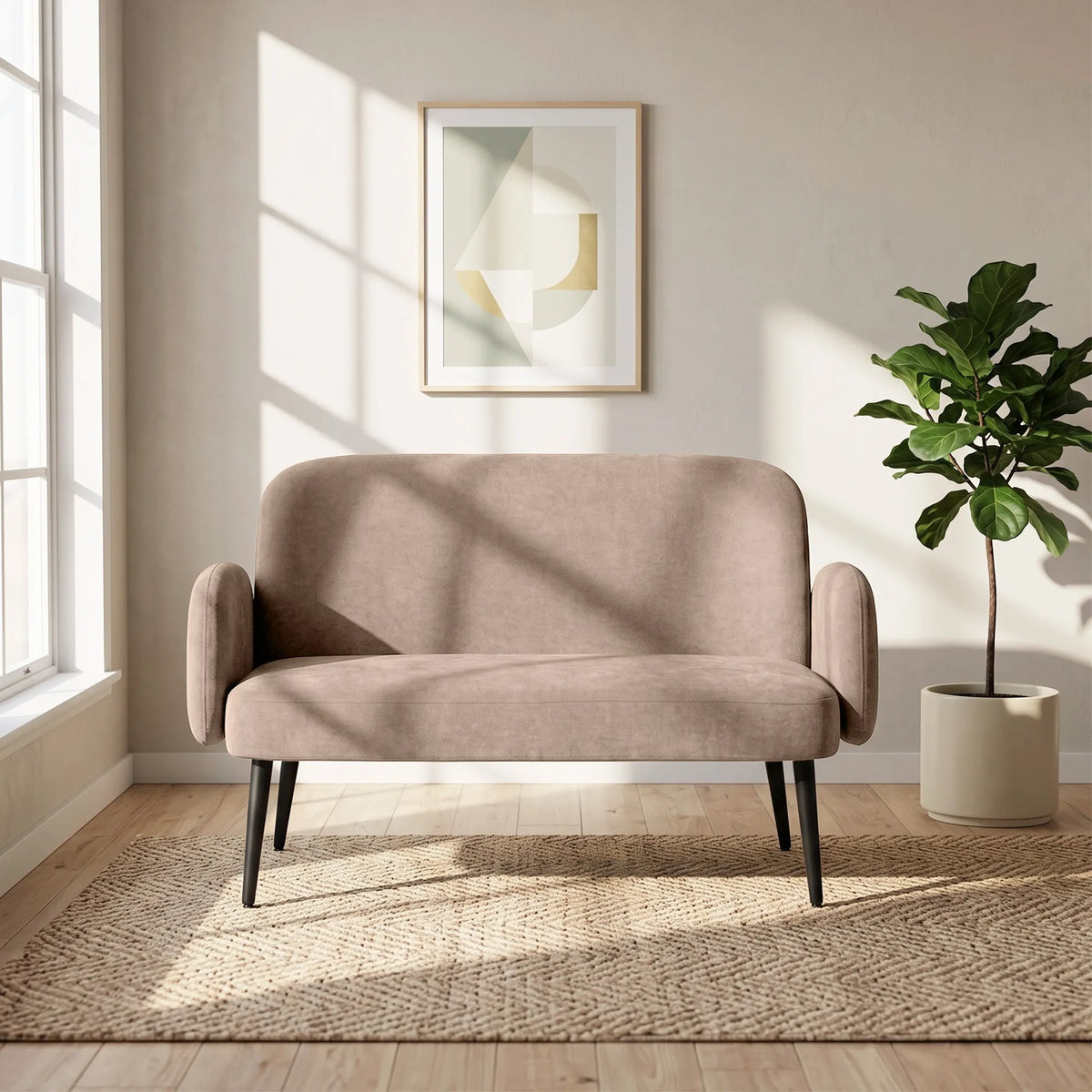 Dvivietė sofa, 132 cm, plati sėdimoji dalis, ruda
