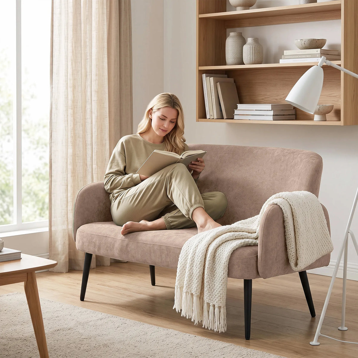Dvivietė sofa, 132 cm, plati sėdimoji dalis, ruda