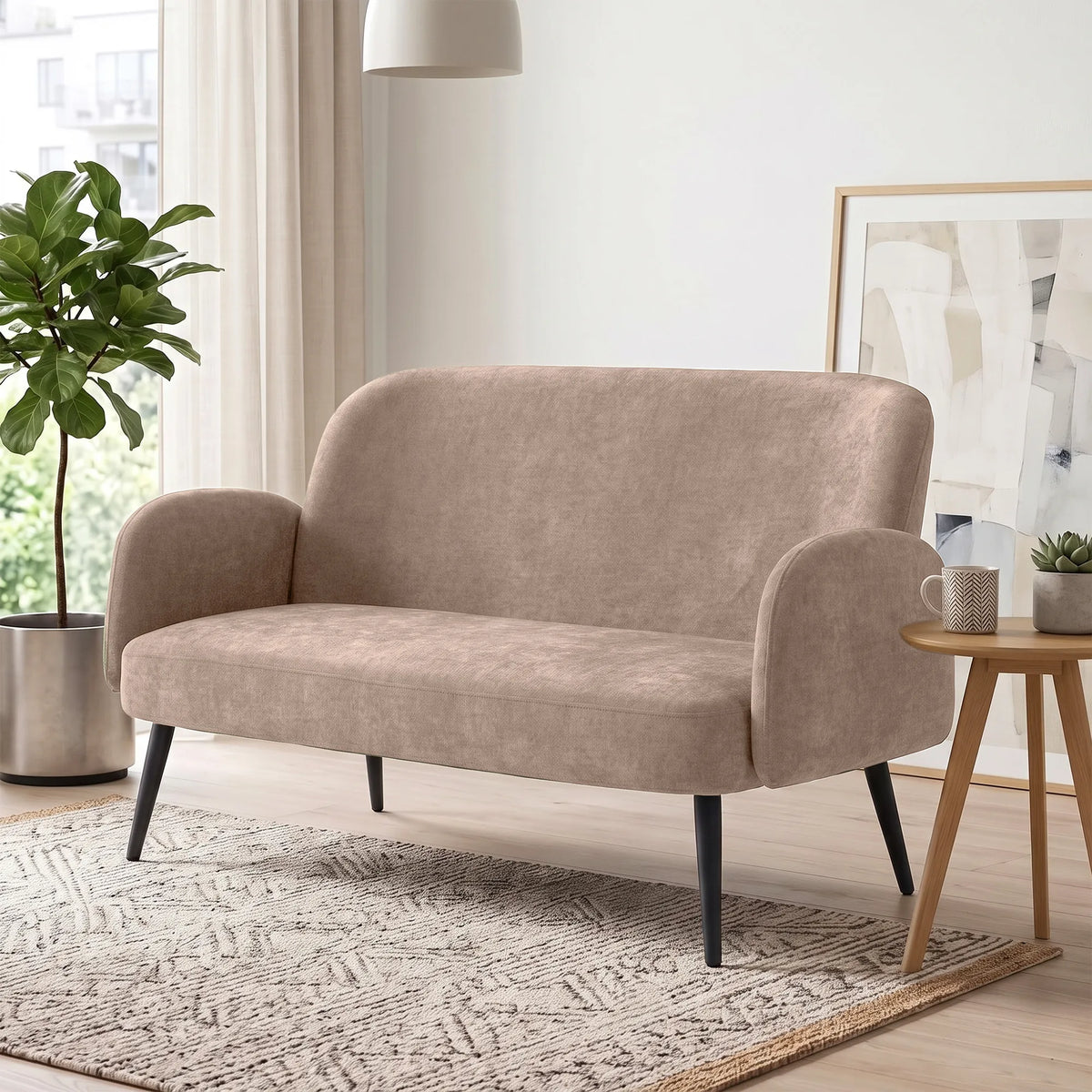 Dvivietė sofa, 132 cm, plati sėdimoji dalis, ruda