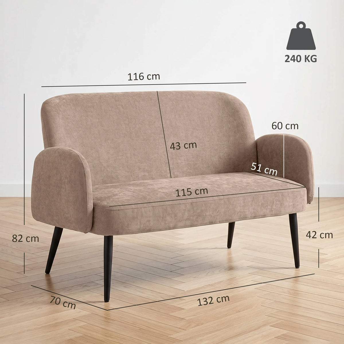 Dvivietė sofa, 132 cm, plati sėdimoji dalis, ruda