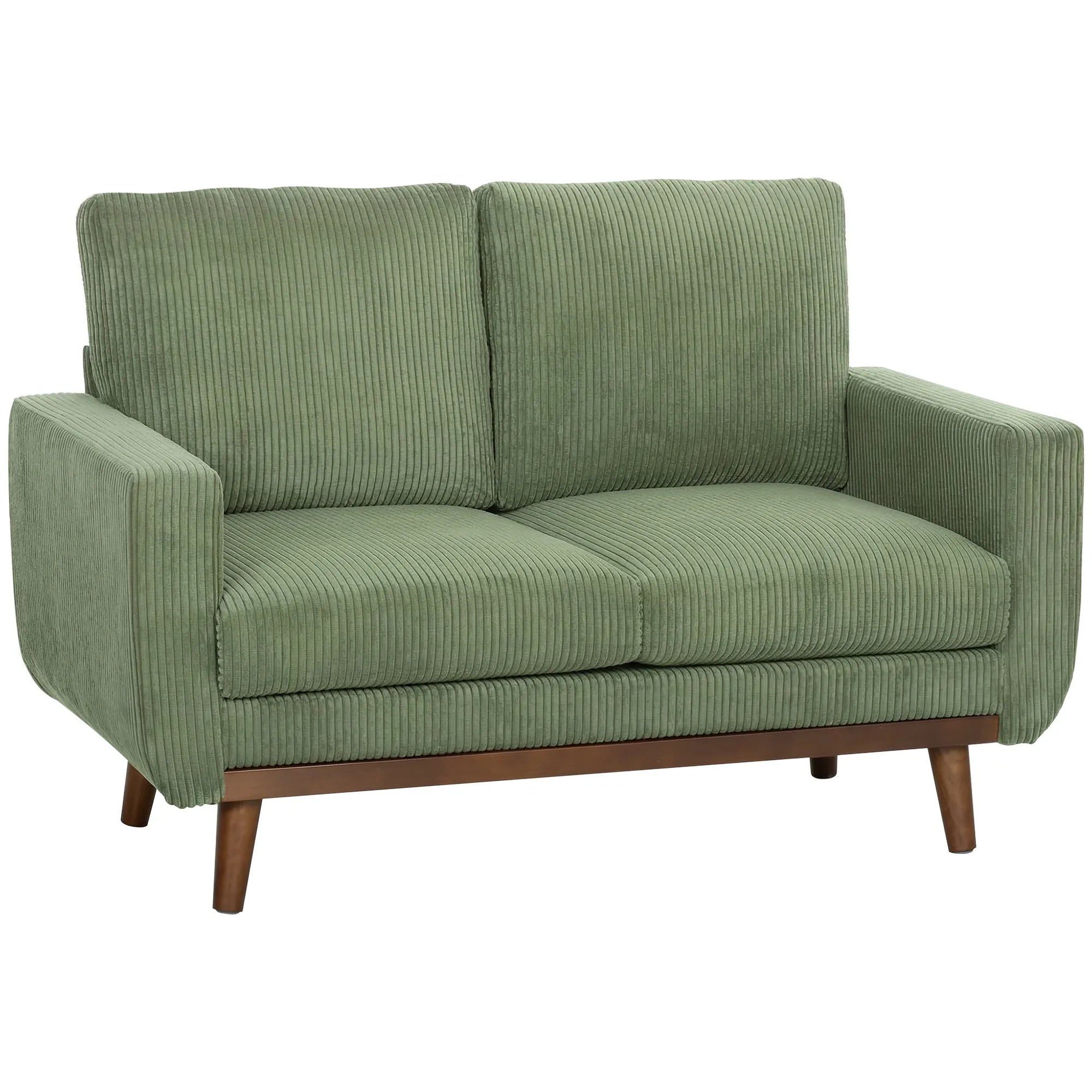 Dvivietė sofa, 134 cm pločio, su cord audiniu ir medinėmis kojomis, žalia