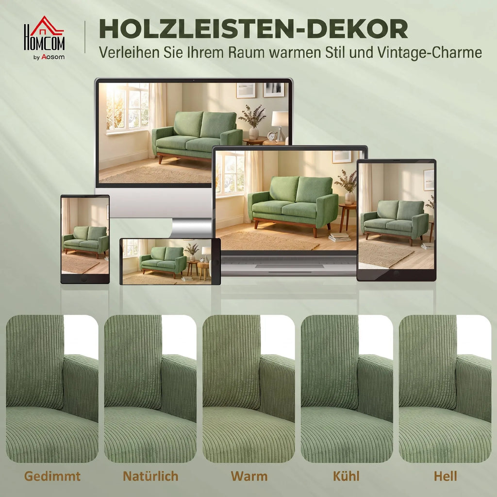 Dvivietė sofa, 134 cm pločio, su cord audiniu ir medinėmis kojomis, žalia